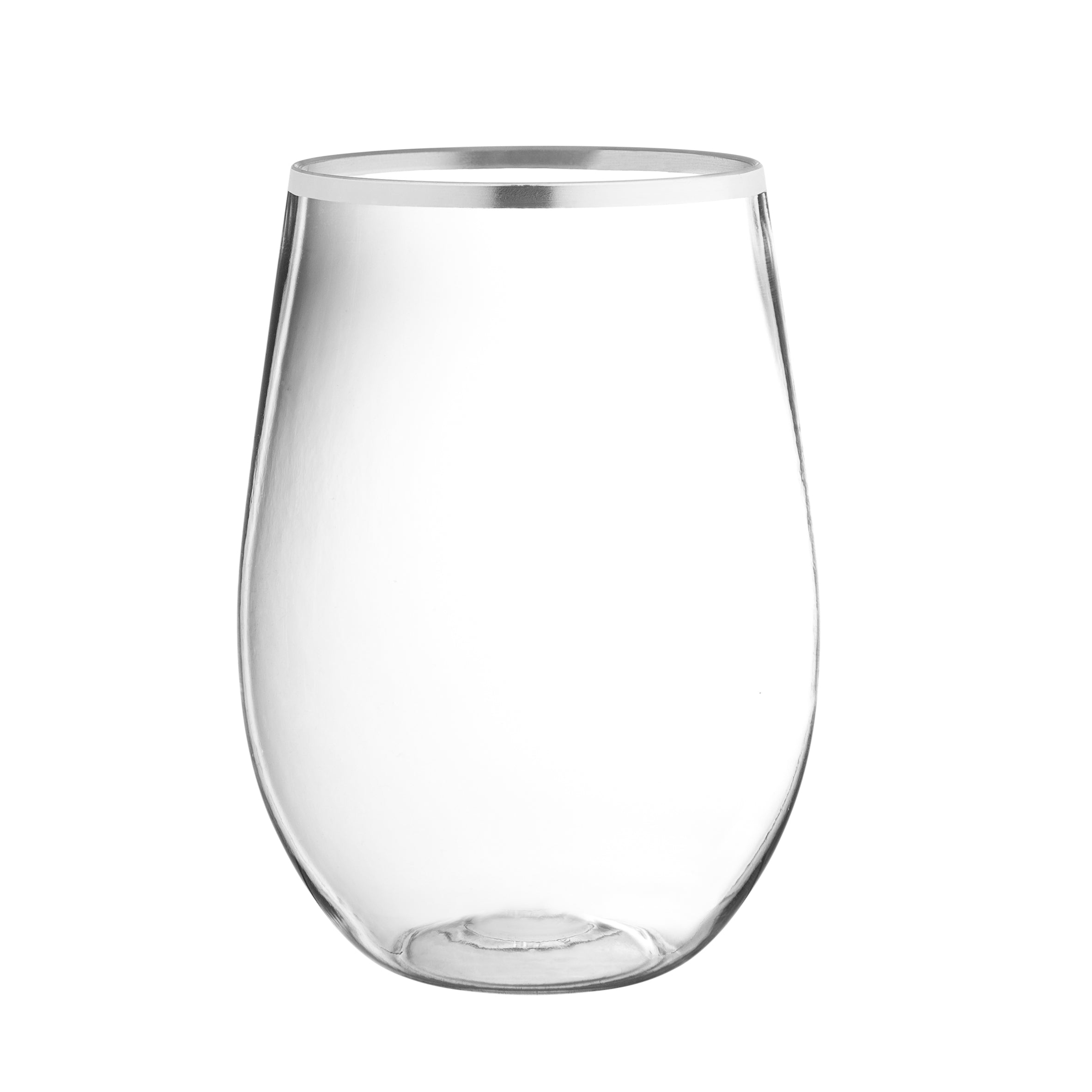 16 oz. Clear Stemless Wine Glasses with Silver Rim - Set of 6 | Shatterproof & Dishwasher Safe | Perfect for Parties, Weddings, and Home Entertaining