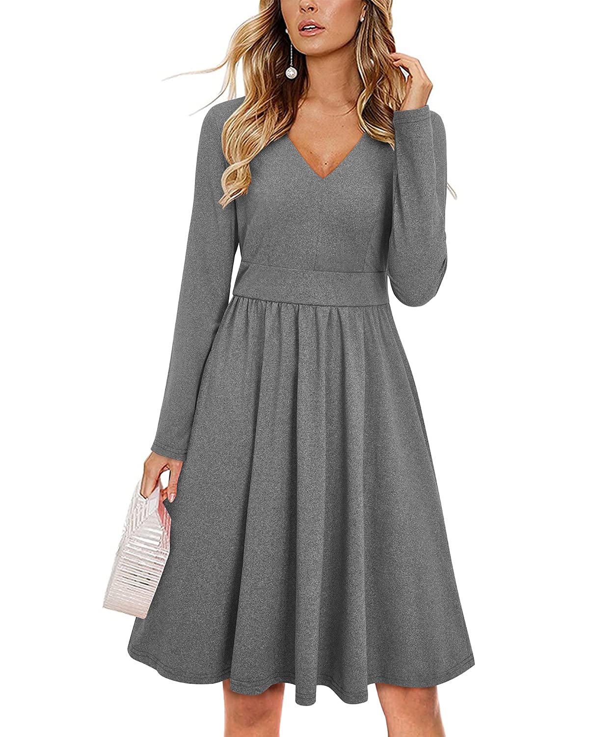 ULTRANICE Women's Casual V-Neck Swing Midi Dress with Pockets - Flowy Summer Dress for Brunch, Date Night & Office Wear