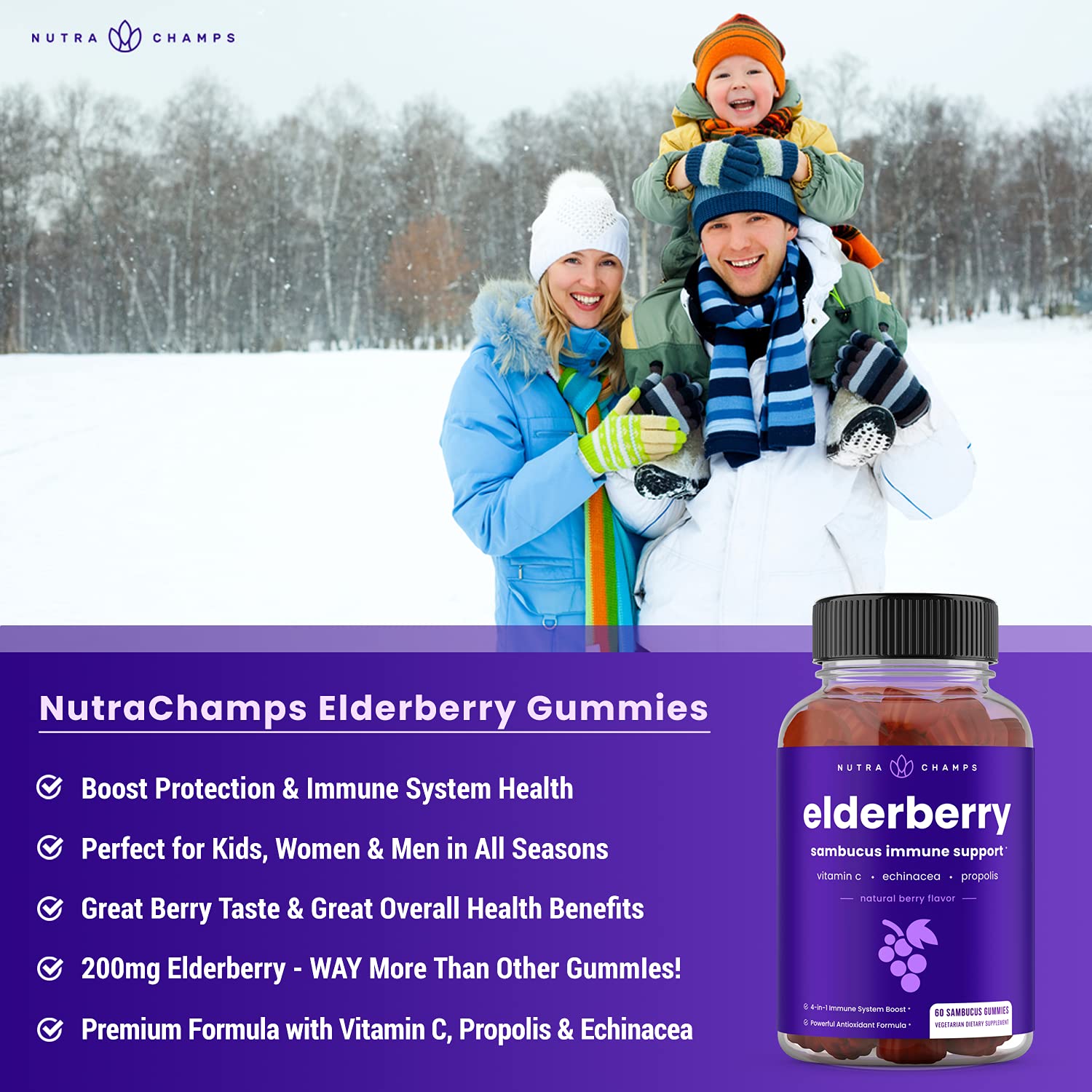 NutraChamps Elderberry Gummies for Immune Support - Max Strength with Vitamin C, Propolis & Echinacea - Natural Berry Flavor Gummy Vitamins for Adults & Kids - 120 Gummies (Pack of 2) - Perfect for Daily Wellness & Cold Season Defense