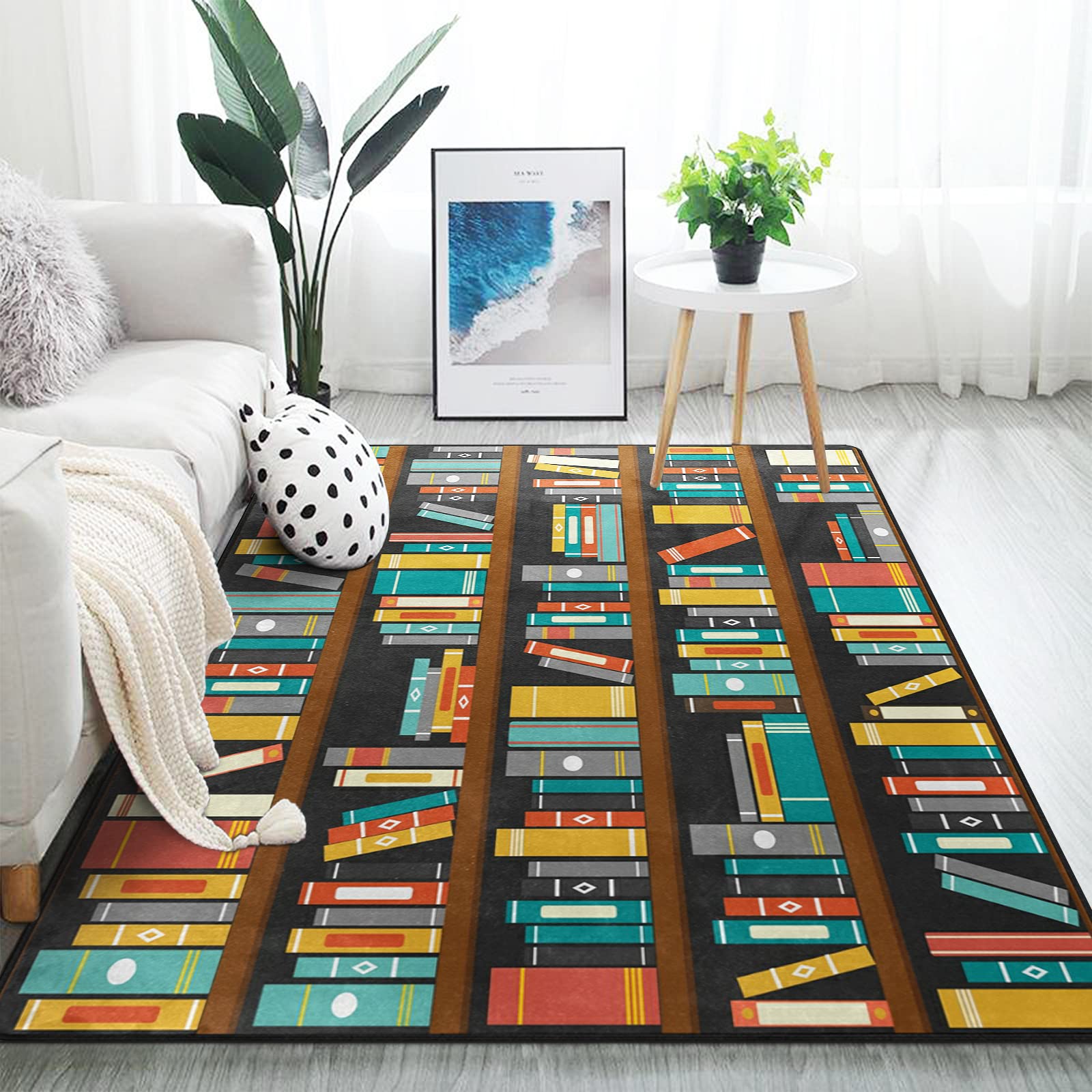 Vintage Library Bookshelf Bookworm Area Rug - 7'x5' Non-Slip Living Room & Bedroom Rug - Perfect for Home Office, Reading Nook & Cozy Spaces