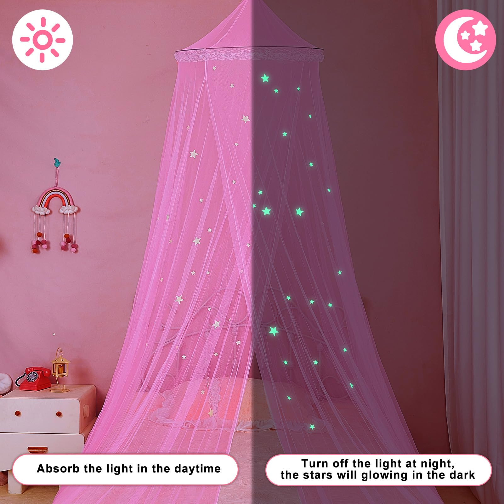 FIOBEE Princess Bed Canopy with LED Lights & Mosquito Net - Pink Star Butterfly Canopy Curtains for Girls Room Decor, DIY Kids Bedroom Decorations | Perfect for Birthday Gifts, Sleepovers & Fantasy Bedroom Makeovers
