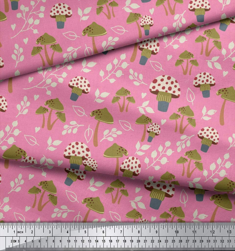 Soimoi Viscose Chiffon Fabric - Pink Leaves & Mushroom Botanical Print - 42