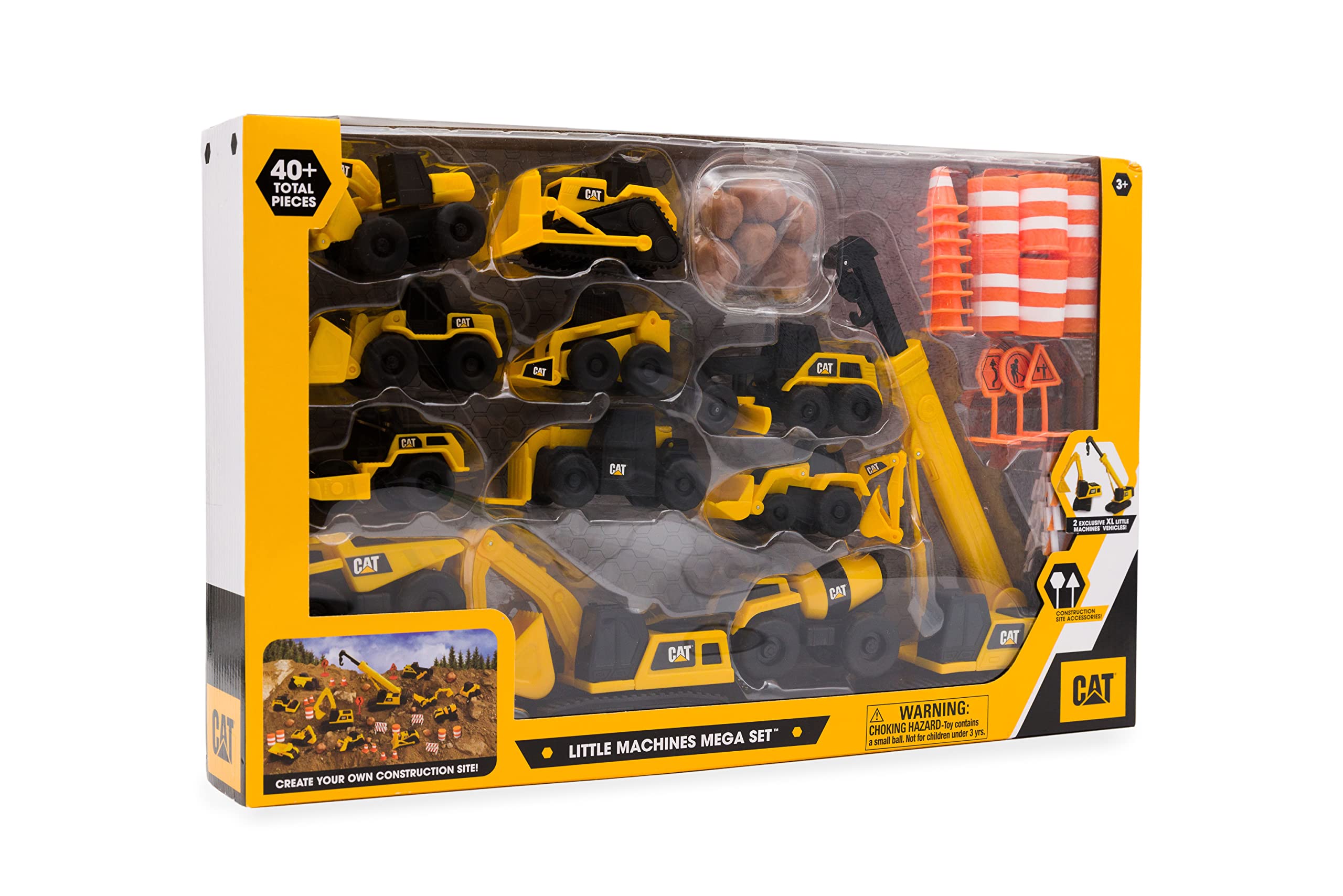 CAT Construction Toys 40-Piece Mega Set - Yellow Vehicles & Accessories with Dump Truck, Crane, Excavator, Bulldozer for Kids Ages 3+ | STEM Learning, Pretend Play & Construction Site Adventures