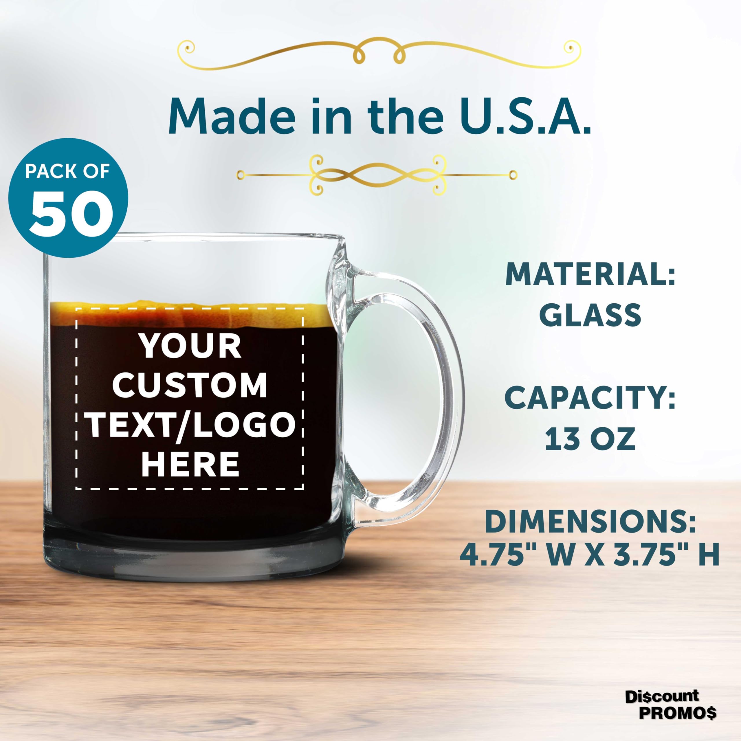 Personalized 13 oz Clear Glass Coffee Mugs Set of 50 - Custom Libbey Bulk Pack for Coffee, Tea, Espresso & Hot Cocoa - Black Bottom - Ideal for Cafes, Restaurants, Offices & Events