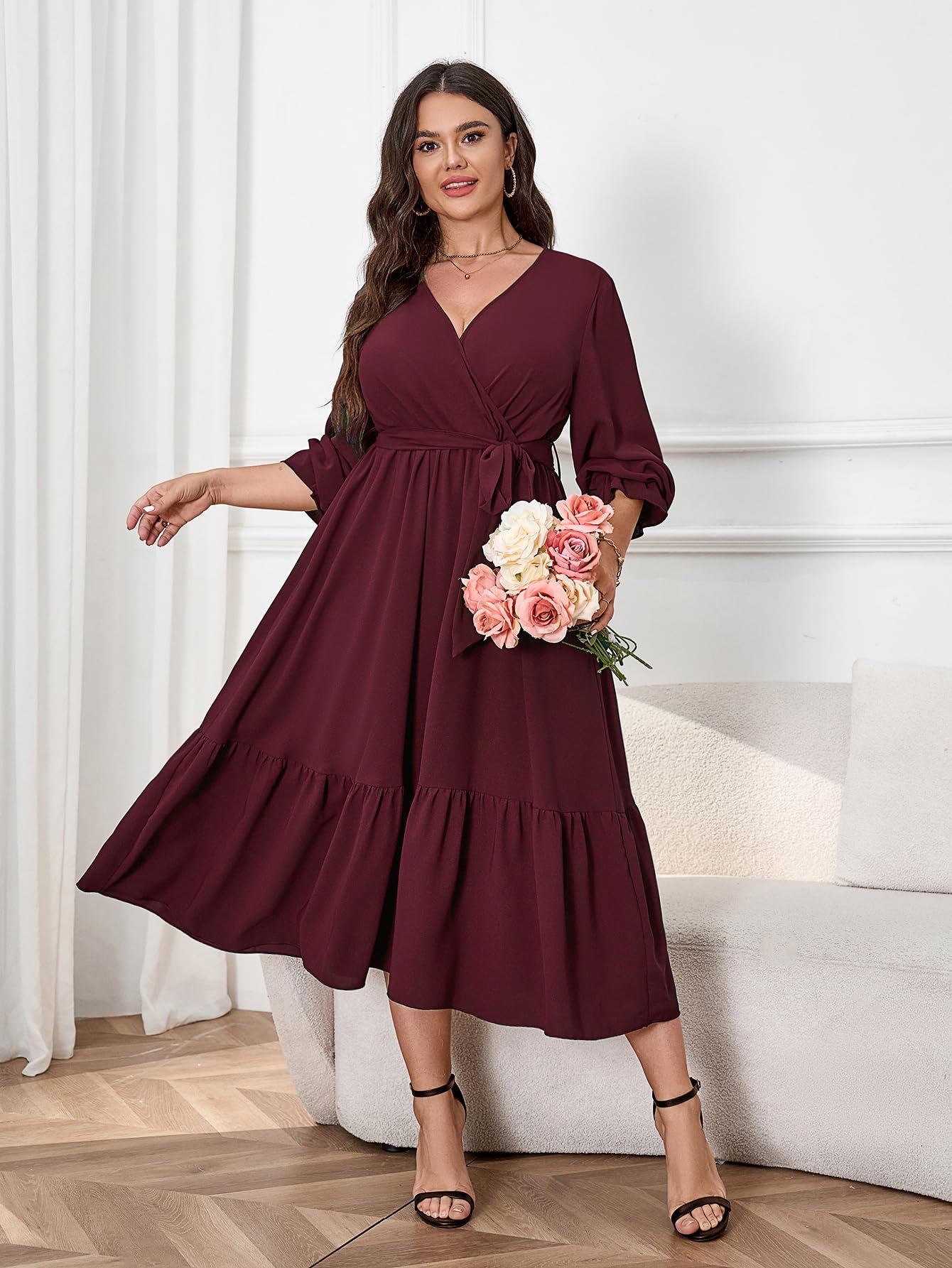 Elegant Plus Size Wedding Guest Dress - Long Sleeve Wrap V-Neck Belted A-Line Maxi Cocktail Dress with Ruffle Hem | Perfect for Weddings, Parties & Special Occasions