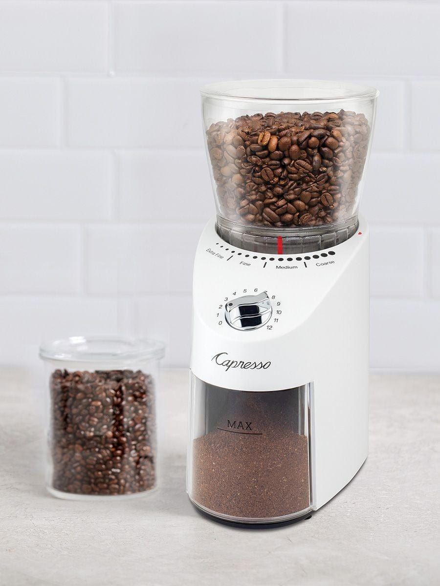 Premium Capresso Infinity Plus Conical Burr Coffee Grinder - White | Fresh Ground Coffee for Espresso, Drip, French Press & Cold Brew | Perfect for Home & Office Use