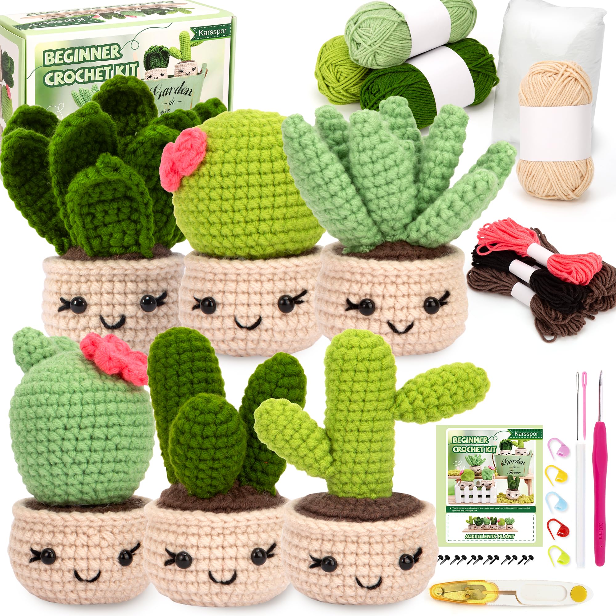 Karsspor Beginner Crochet Kit for Adults - 6 Piece Succulent Crochet Set with Step-by-Step Instructions & Video Tutorials | Complete DIY Crochet Starter Kit for Beginners (Patented) | Perfect for Home Decor, Gifts & Relaxation