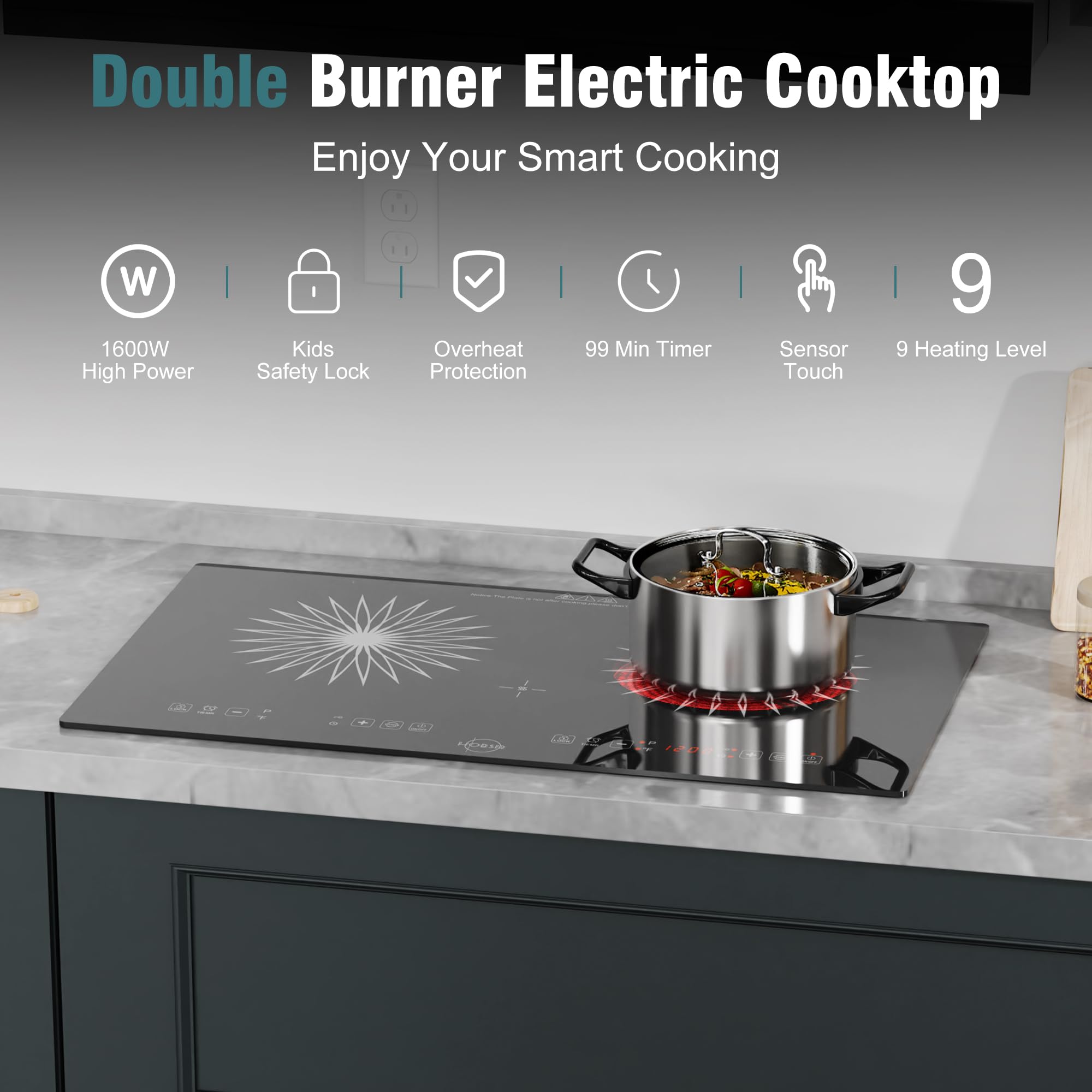 Hobsir 24 Inch 2 Burner Electric Cooktop 110V - Double Induction Stove with LED Touch Screen & Safety Lock - Built-in/Countertop for Kitchen, Apartment, RV & Camping - Perfect for Small Spaces & Outdoor Cooking