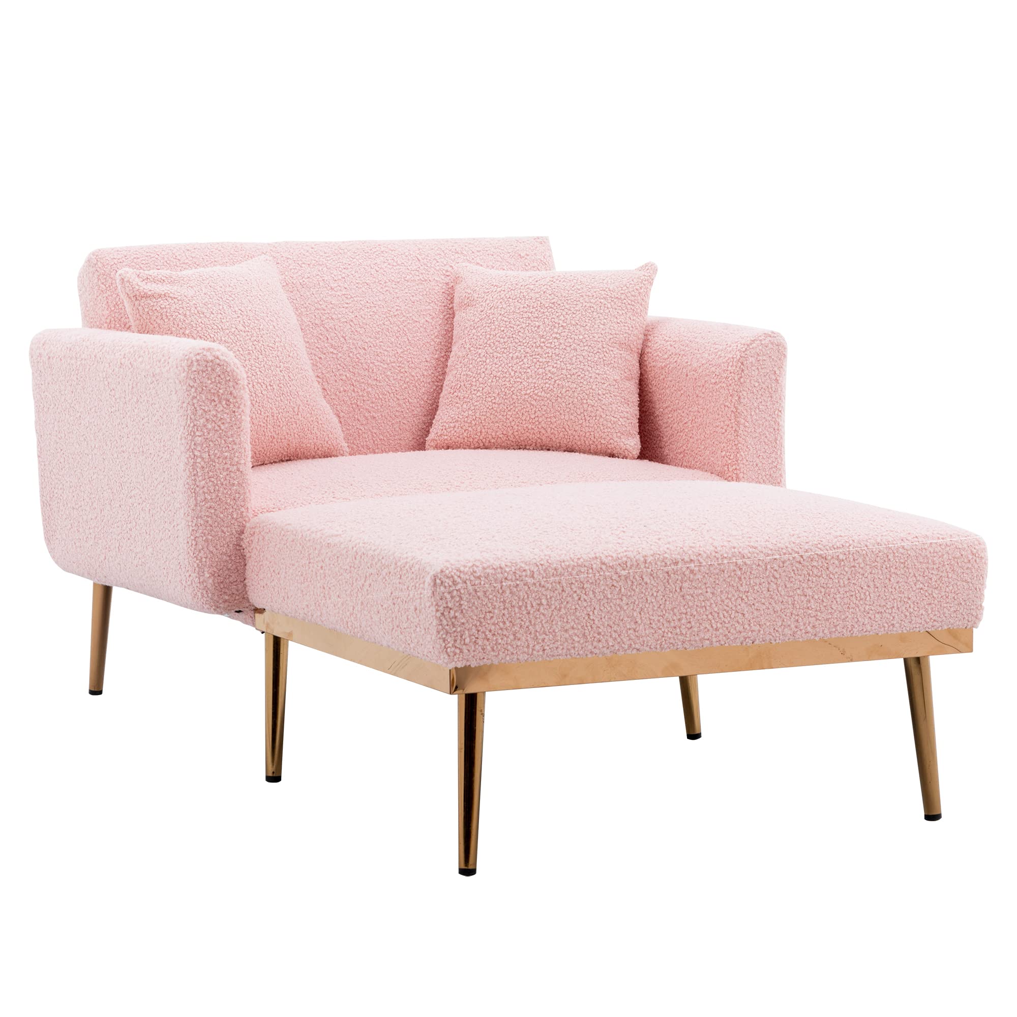 Teddy Fabric Chaise Lounge Chair - 3 Adjustable Angles, Converts to Bed with 2 Pillows, Tufted Sleeper Chair for Bedroom & Living Room (Pink) | Perfect for Relaxing, Reading & Napping