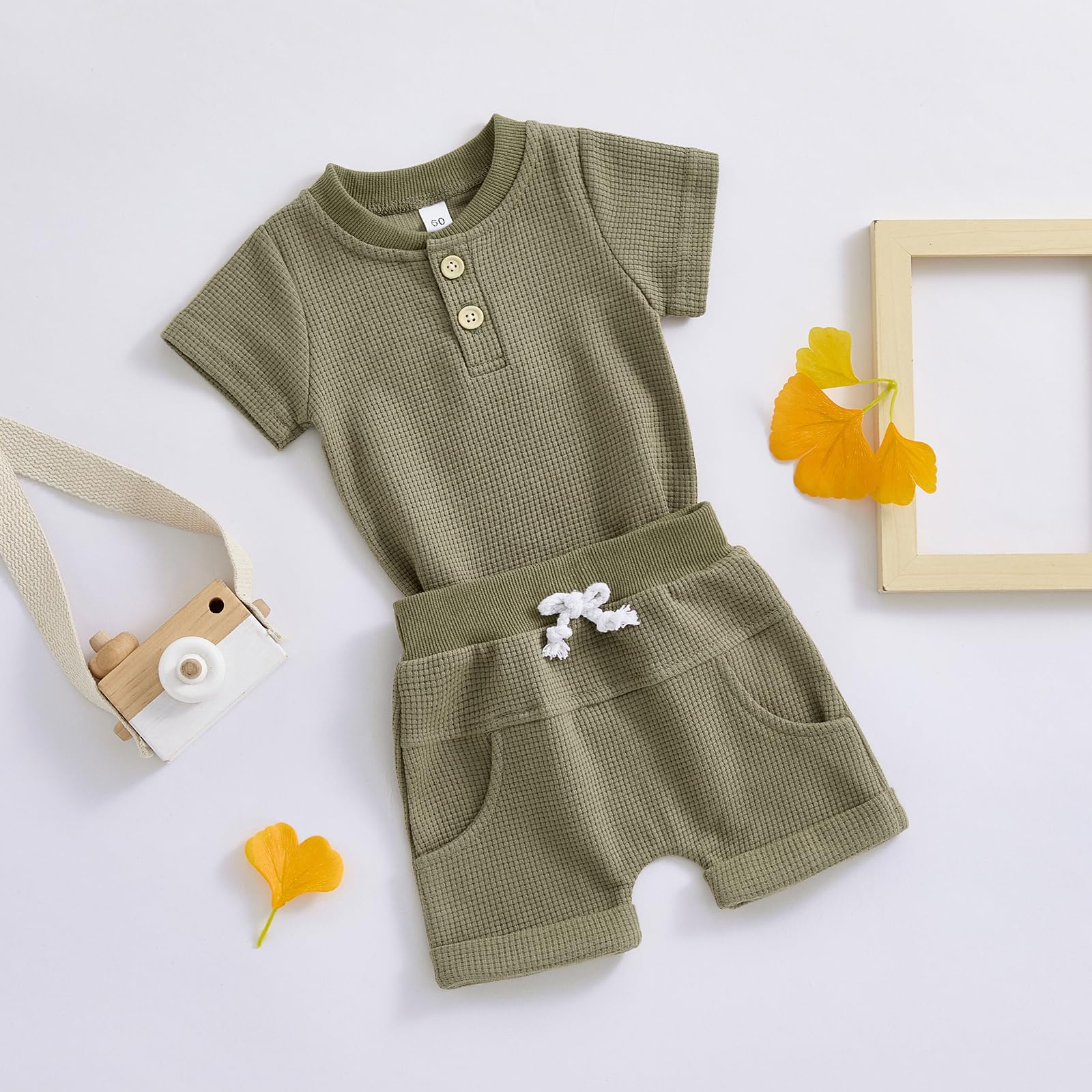 Soft Waffle Baby Romper Set - Newborn Boy Summer Short Sleeve Button-Up Bodysuit & Shorts Outfit | Perfect for Playtime, Beach Trips & Family Photos