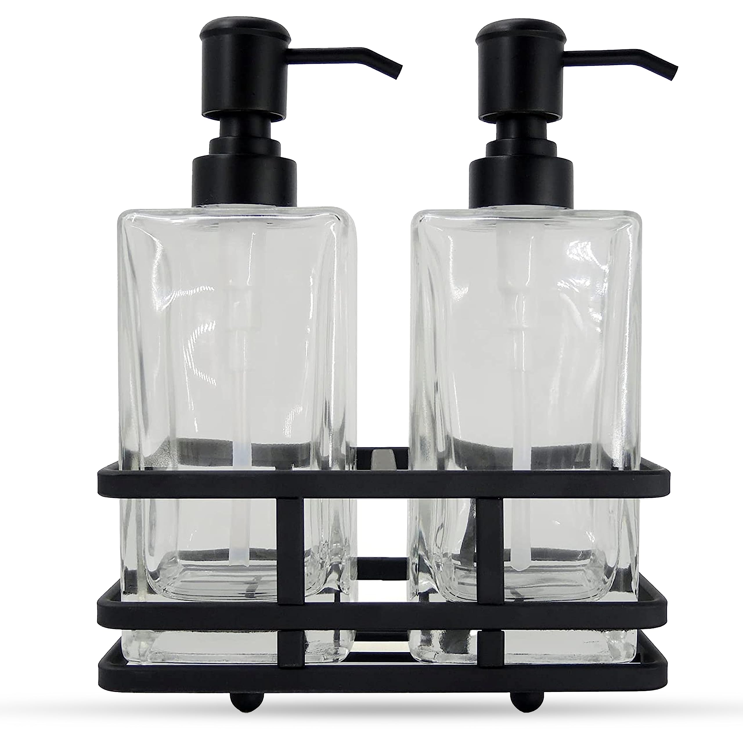 Premium Matte Black Square Glass Soap & Lotion Dispenser Set with Metal Stand - Heavy Duty Handcrafted Bathroom Organizer for Sink Counter, Kitchen, Hotel & Travel Use