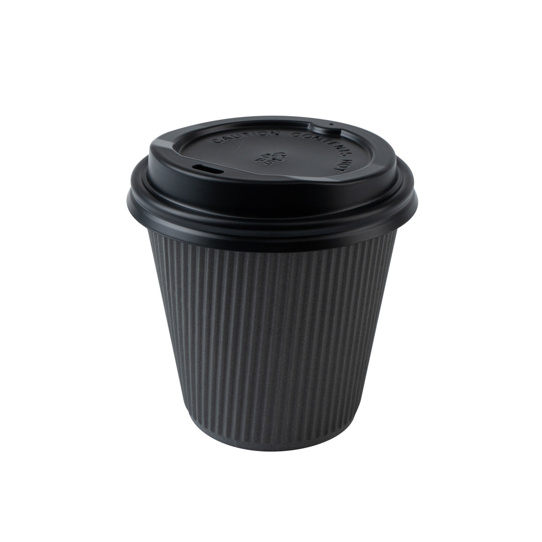8 oz Gray Ripple Wall Paper Coffee Cups with Black Lids - 3.5
