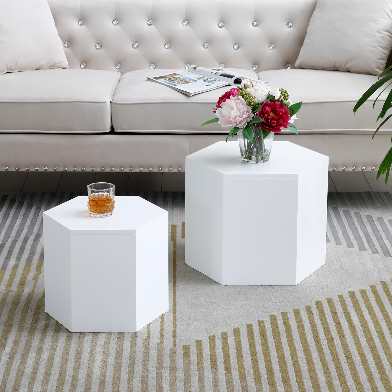 Hexagonal Nesting Coffee Table Set of 2 - White Wooden Side Tables for Small Spaces, Modern Living Room Furniture - Perfect for Apartments, Dorms & Cozy Home Decor