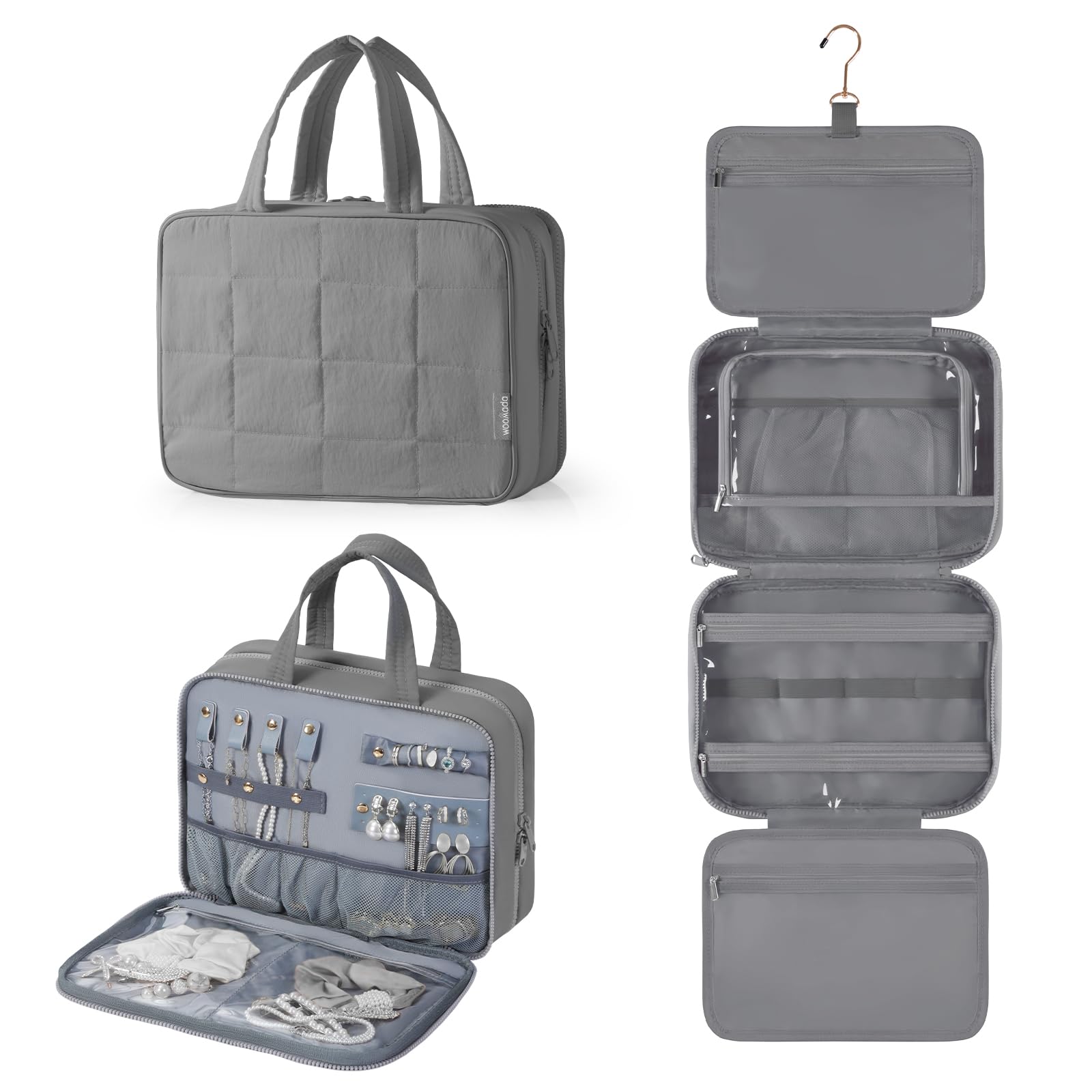 WOOMADA Hanging Travel Toiletry Bag with Jewelry Organizer - Large Waterproof Cosmetic Makeup Bag for Women | Perfect for Vacation, Business Trips & Gym Essentials (Grey)