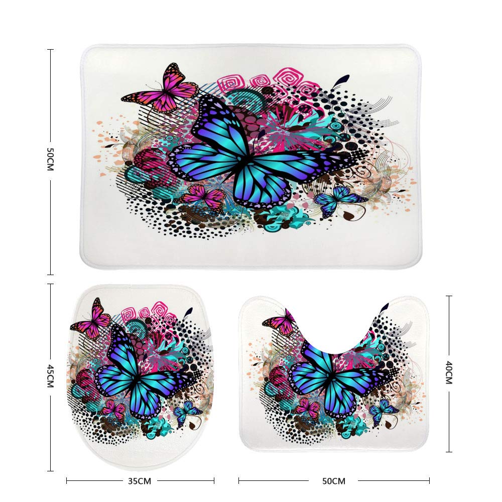 3-Piece Non-Slip Bathroom Rug Set - Soft Coral Fleece Contour Toilet Mat, Shower Mat & Lid Cover with Floral Butterfly Design | Perfect for Bathroom Decor, Home Upgrade & Gift Giving