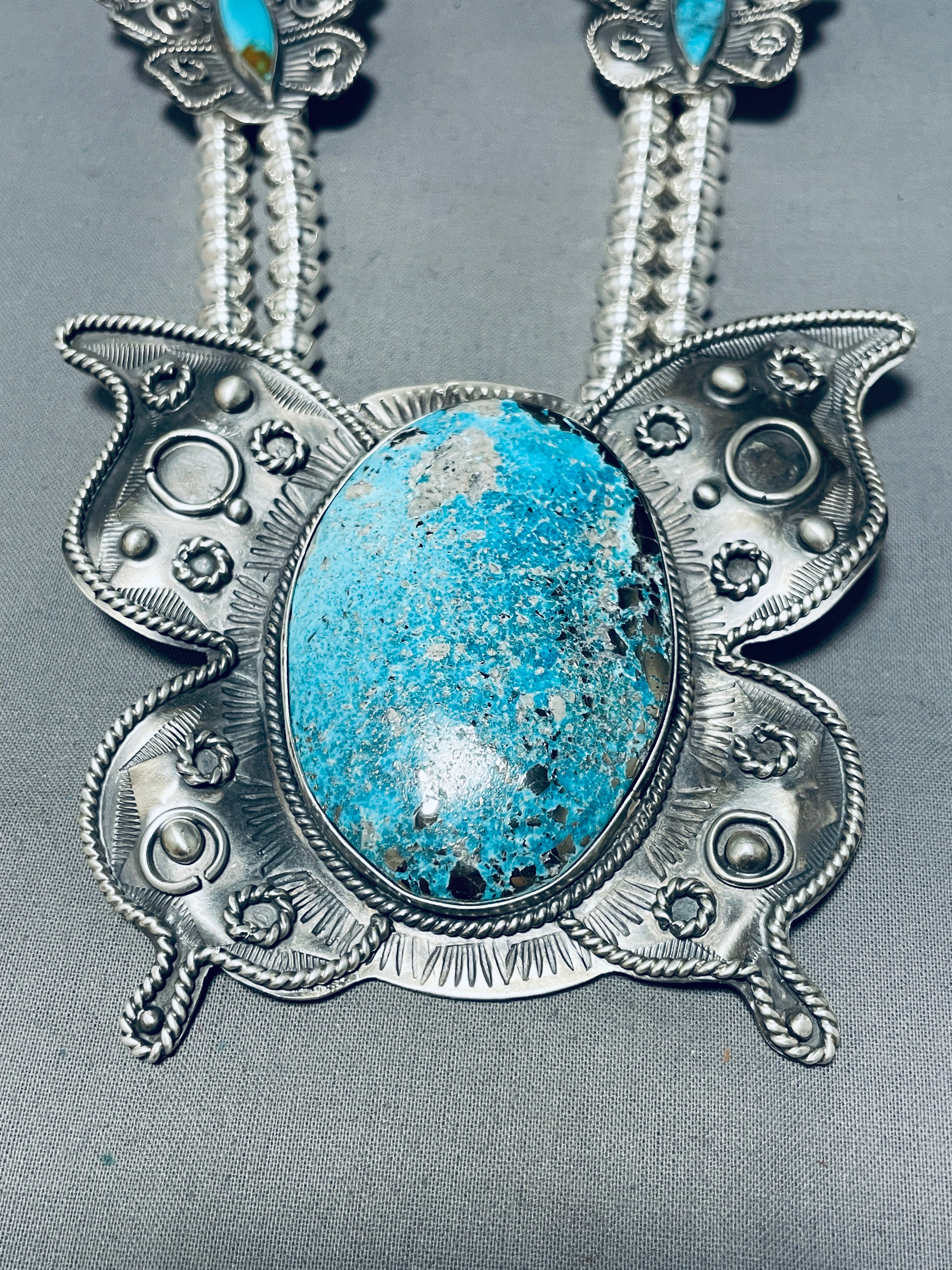 203 Grams Authentic Navajo Sterling Silver Squash Blossom Necklace with Natural Turquoise - Handmade Native American Jewelry for Women, Perfect for Weddings, Ceremonies and Boho Fashion