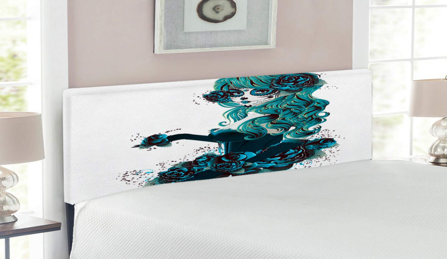 Ambesonne Vintage Sugar Skull Headboard - Day of The Dead Bride Design with Dark Roses, Upholstered Metal Bed Frame with Memory Foam - Queen Size Petrol Blue & White - Perfect for Gothic & Boho Bedroom Decor