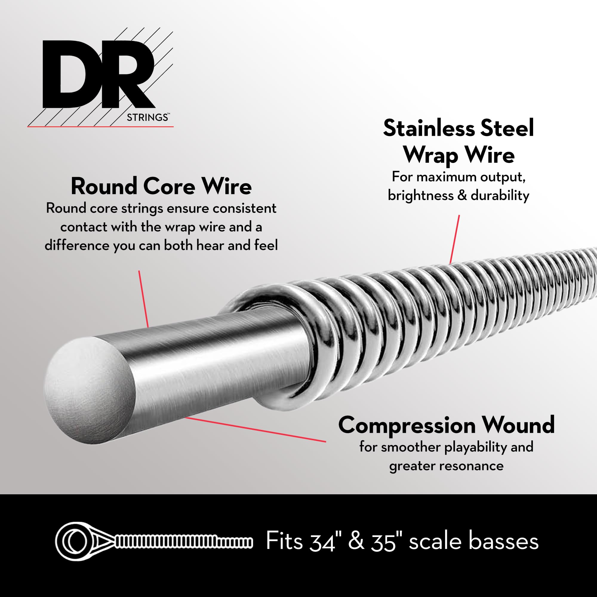 DR Strings HI-BEAMS Stainless Steel 4-String Bass Guitar Strings (50-110 Gauge) - Round Core for Enhanced Tone & Durability | Perfect for Rock, Metal & Studio Recording
