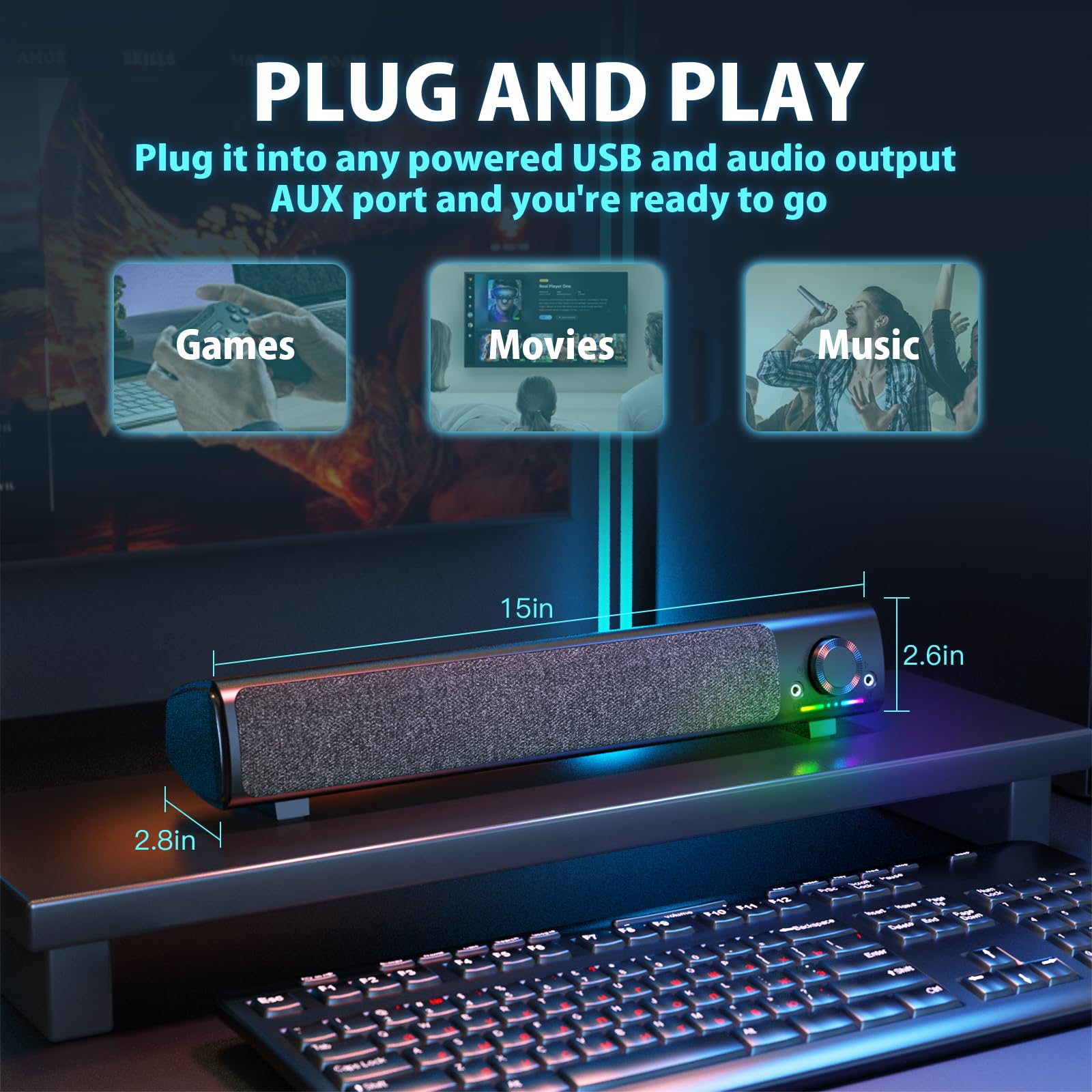 HPYLIF·H USB Powered Computer Speakers with 3.5mm AUX - PC Gaming Sound Bar for Desktop & Laptop | Superb Stereo Sound, Plug-n-Play, Headphone & Mic Jack | Perfect for Gaming, Movies & Home Office Setup