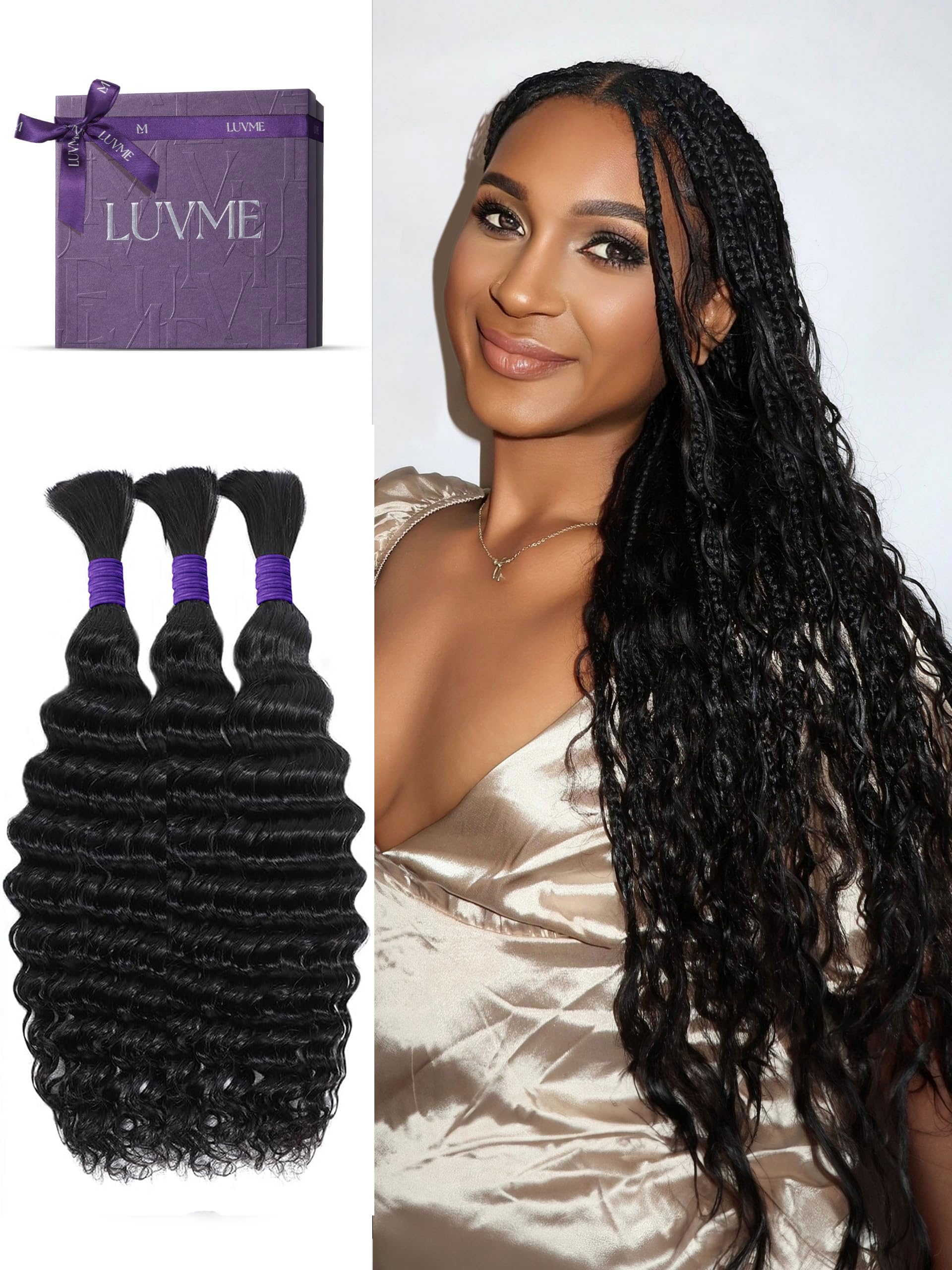 24 Inch Deep Wave Brazilian Virgin Hair 3-Pack (150g) - 100% Unprocessed Grade 12A Human Hair Extensions for Braiding | Natural Black Color, No Weft, Bohemian Style | Perfect for Protective Styles, Box Braids & Crochet Hairstyles