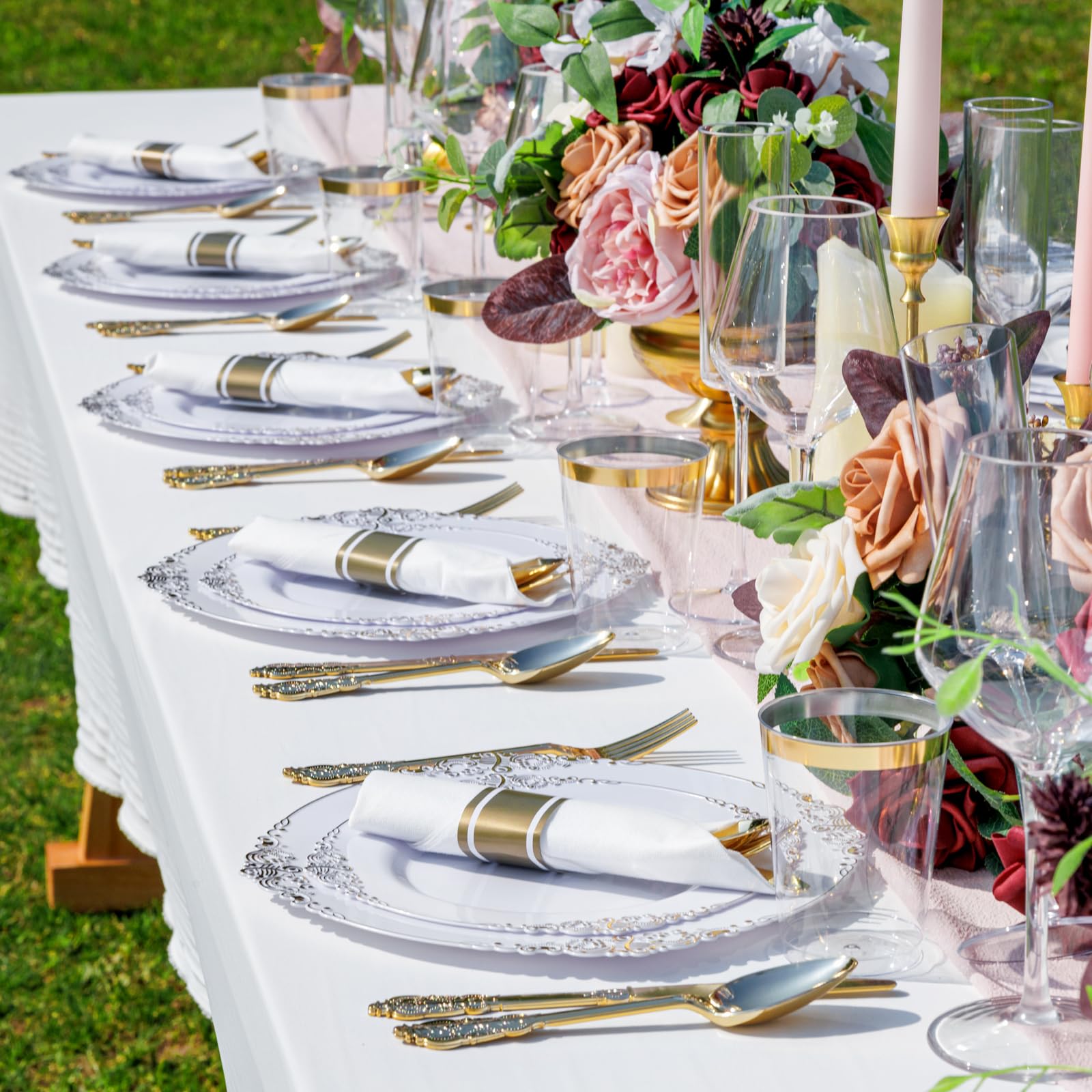 Premium 350-Piece Gold Disposable Dinnerware Set - 100 Elegant Plates, 150 Plastic Silverware, 50 Cups & 50 Napkins - Perfect for Weddings, Parties & Large Gatherings (50 Guests) - Ideal for Outdoor Events, Catering & Special Occasions