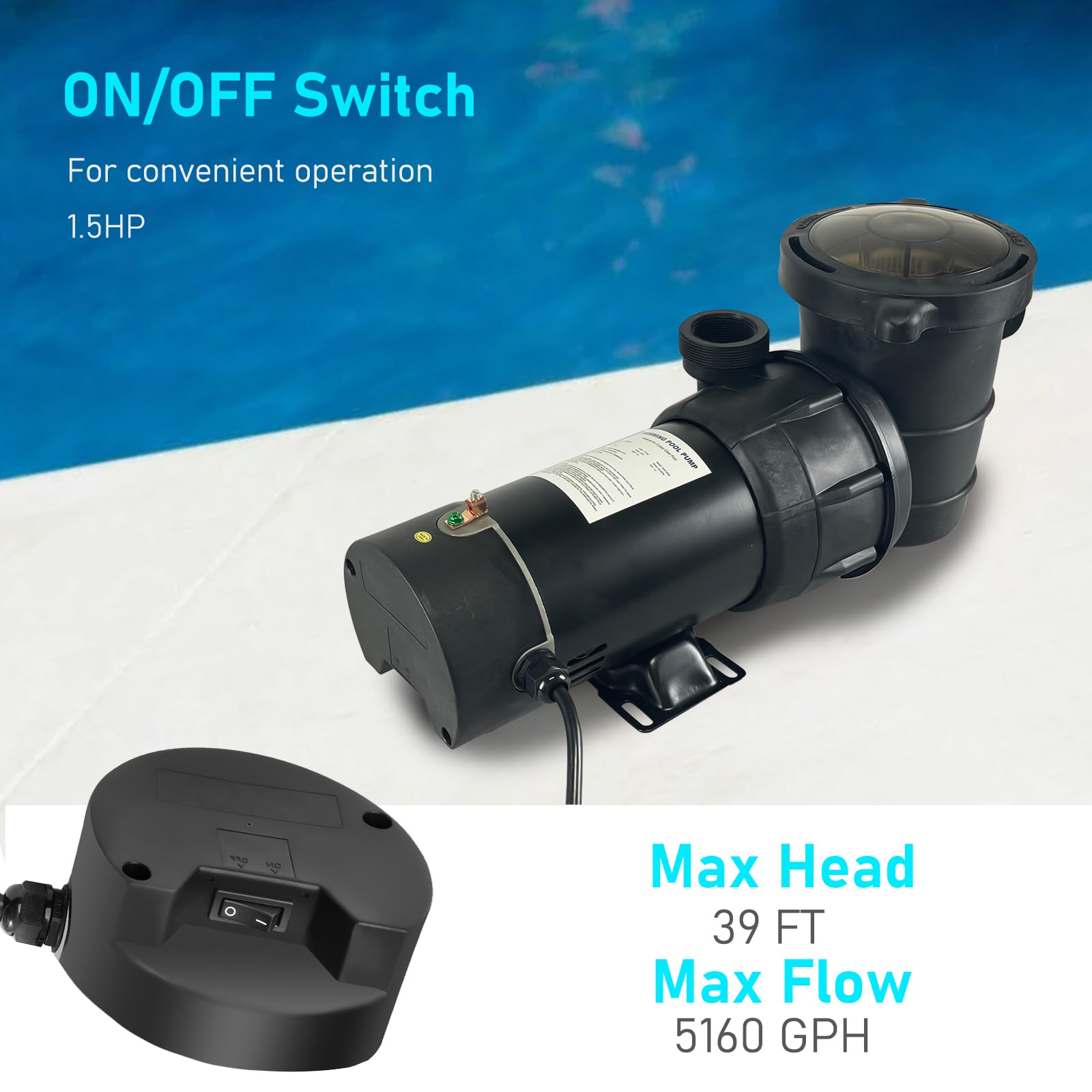 1.5HP DOE-Compliant Swimming Pool Pump with On/Off Switch - Thermal Protected Motor for Above Ground Pools, 115V with Power Cord, 1.25