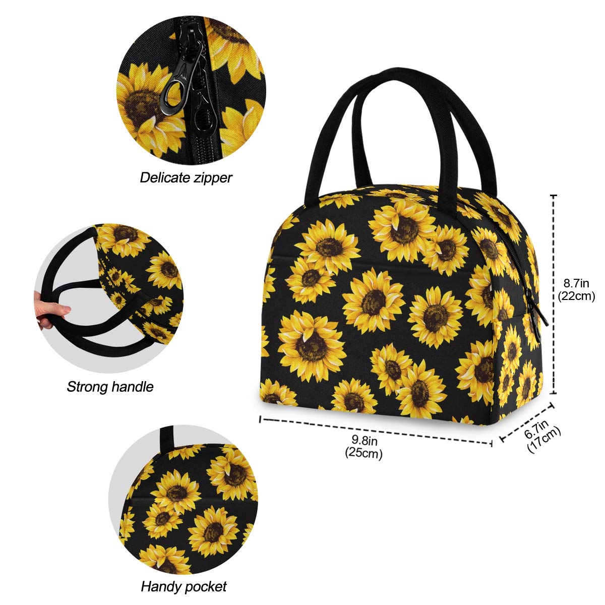 Senya Insulated Lunch Bag with Sunflowers Design - Leakproof Cooler Tote for Women & Kids, Perfect for School, Work, Picnic, Beach & Outdoor Activities
