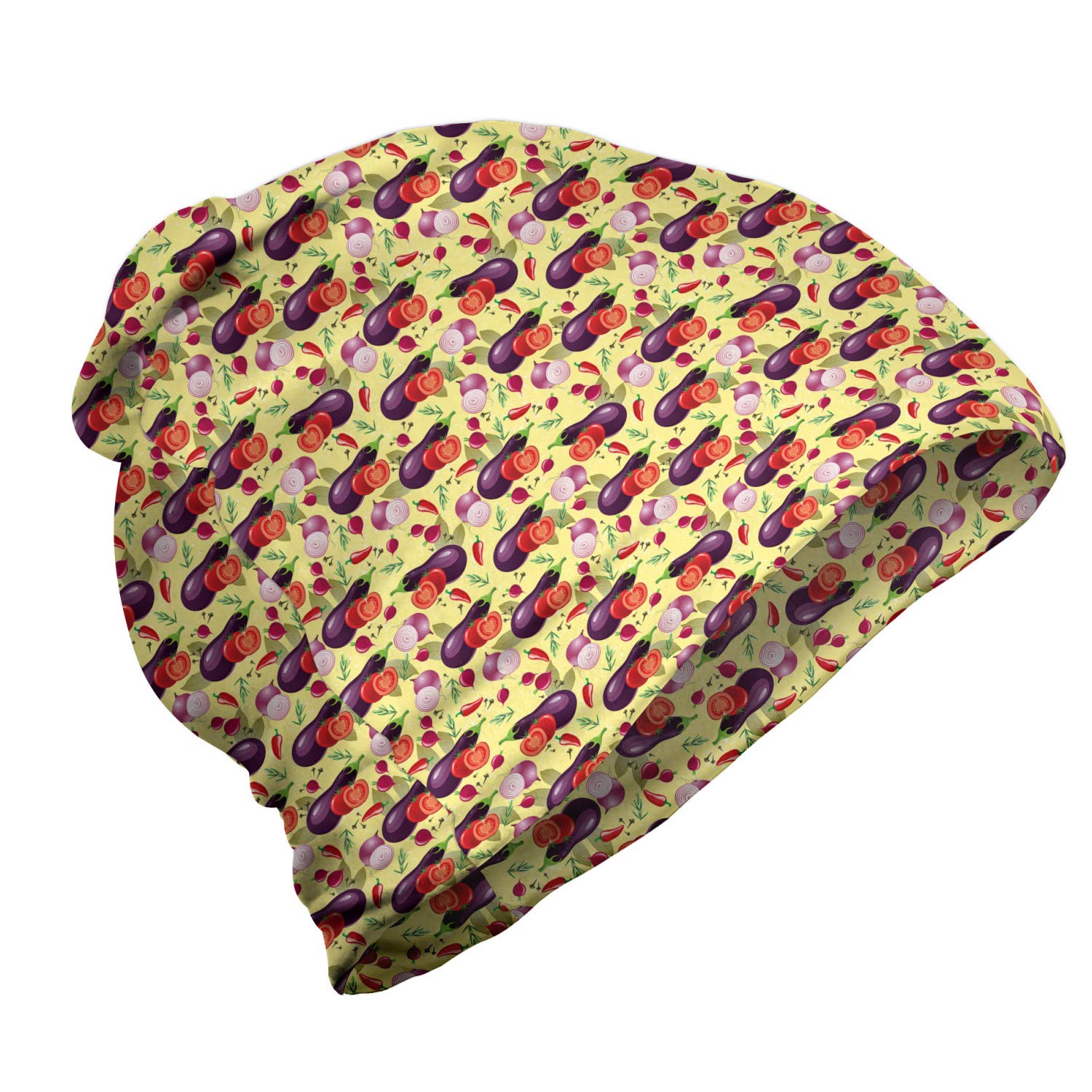 Ambesonne Unisex Beanie - Eggplant Tomatoes Onions Print, Warm Winter Knit Hat for Men & Women, Soft Stretchy Beanie for Hiking, Outdoor Activities & Casual Wear