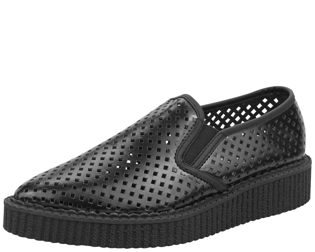 T.U.K Black Perf Pointed Toe Slip-On Creeper Shoes for Women - Punk Rock Gothic Vintage Style - Perfect for Concerts, Night Out & Alternative Fashion