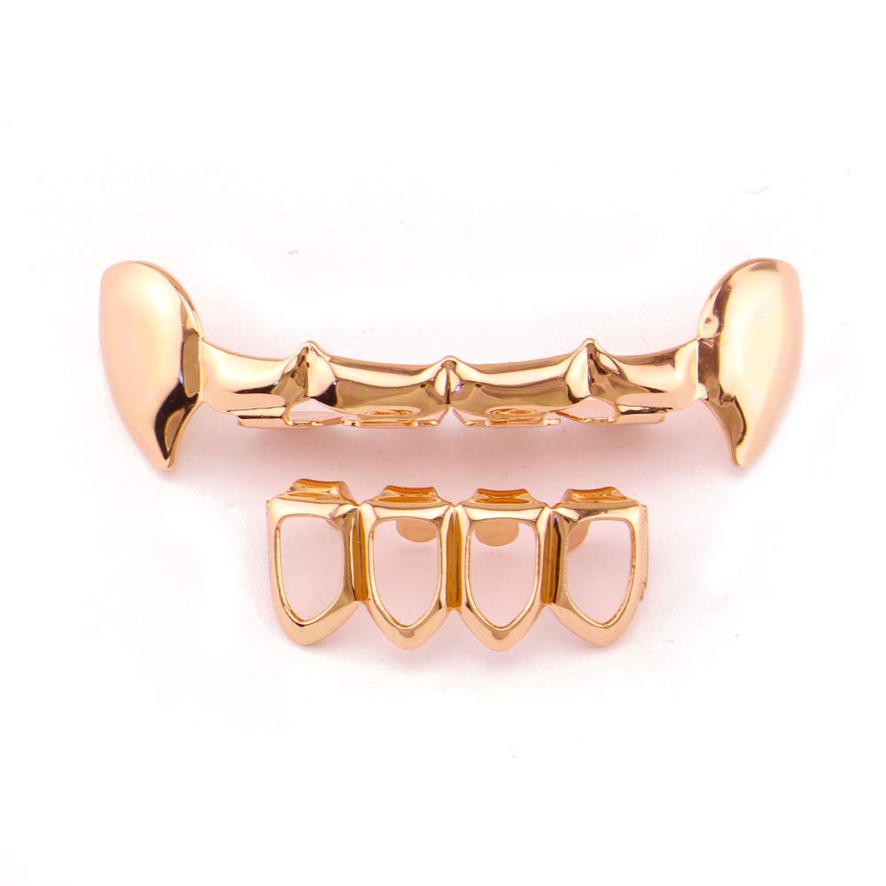 18K Gold Plated Vampire Fang Grillz - Top & Bottom Hip Hop Teeth Caps for Men & Women | Perfect for Halloween, Cosplay, and Hip Hop Fashion
