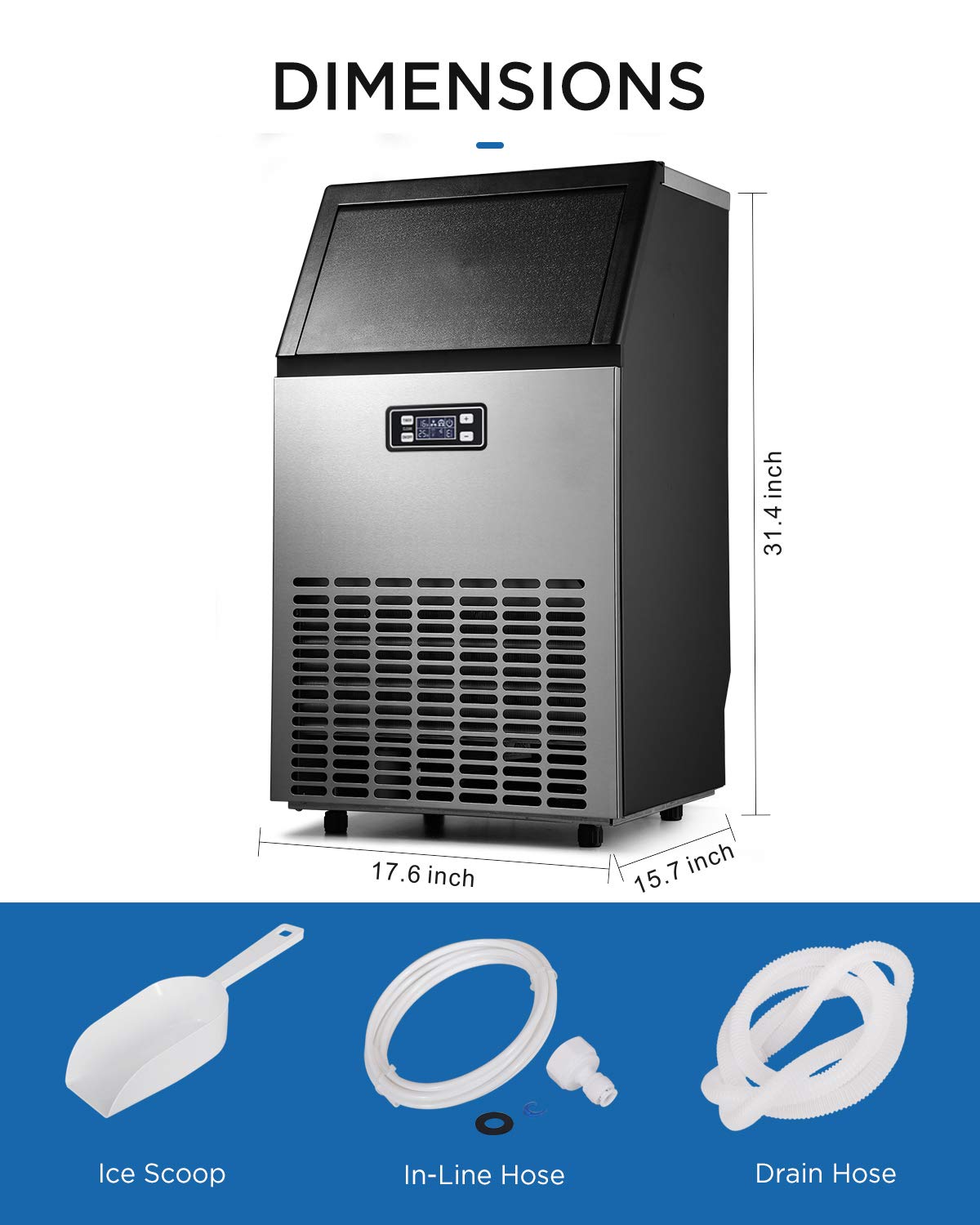 ADT Commercial Ice Maker Machine - 99LBS Freestanding Stainless Steel Ice Maker for Restaurants, Bars & Home Use | Fast Ice Production for Parties & Events