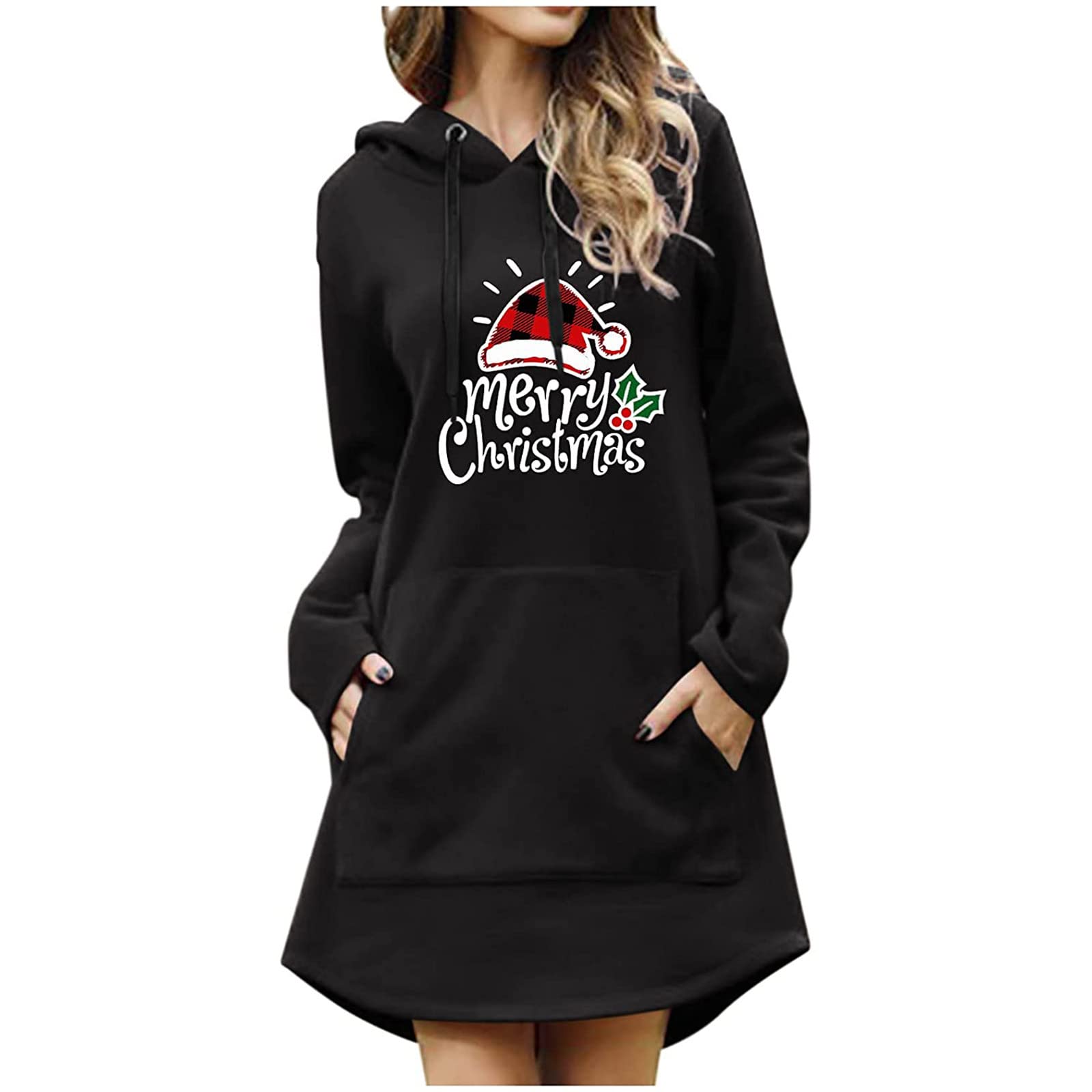 Women's Casual Christmas Print Hooded Sweatshirt - Drawstring Loose Fit Long Sleeve Fleece Pullover with Pockets | Cozy Winter Wear, Holiday Outfits, Lounge & Street Fashion