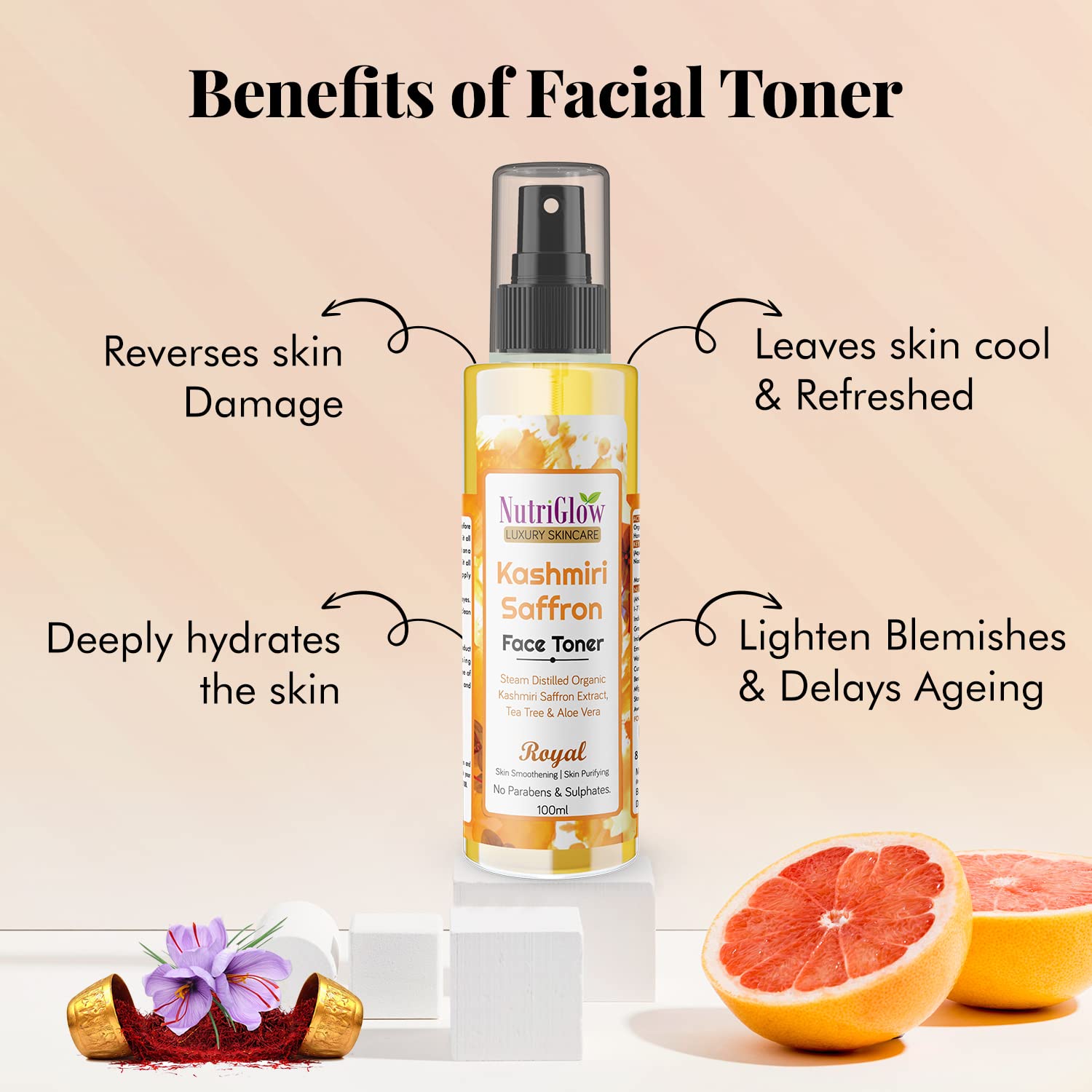 NutriGlow Luxury Skincare Kashmiri Saffron Face Toner with Aloe Vera & SPF 50 PA+++ | pH Balancing, Brightening, Blemish Treatment | 100ml (Pack of 2) | Perfect for Daily Hydration & Sun Protection