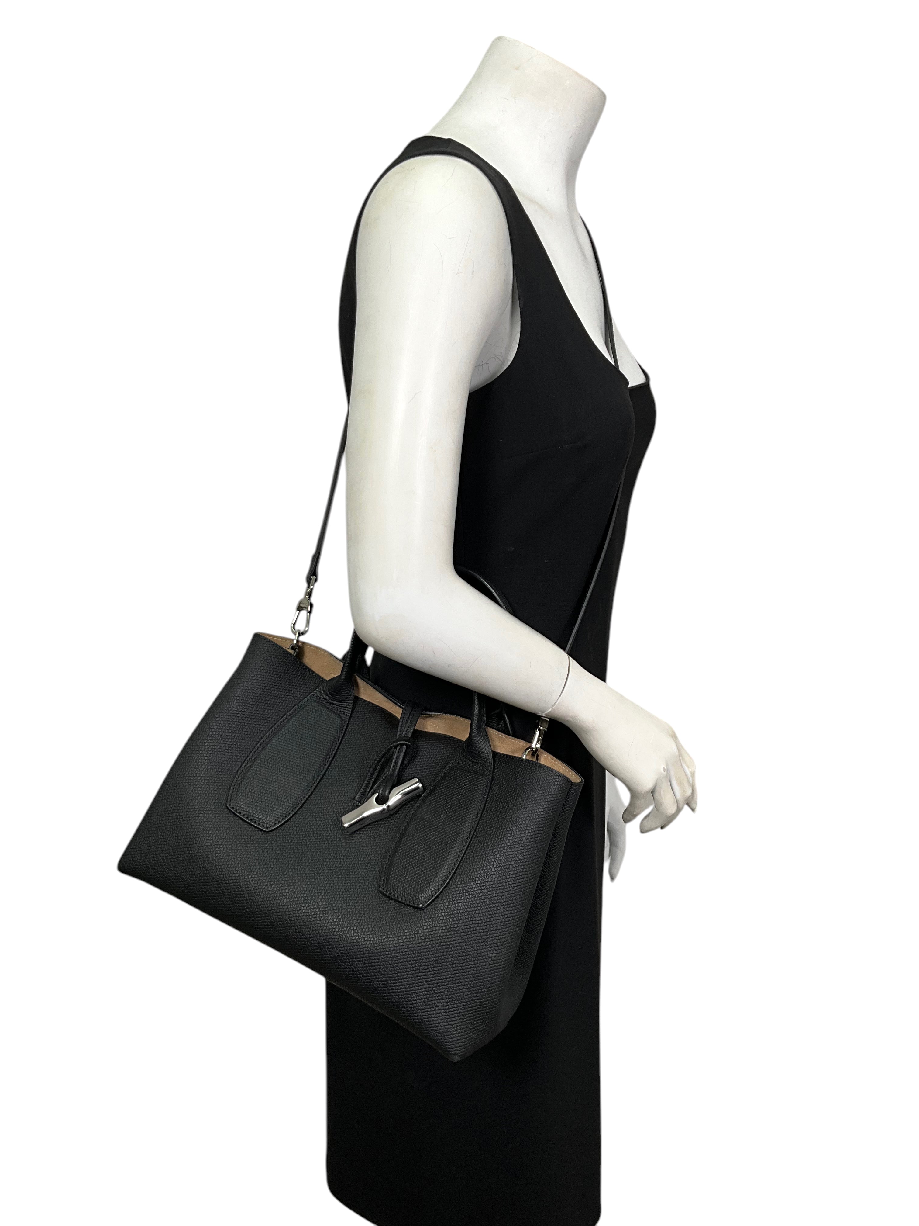 LONGCHAMP Roseau Medium Leather Tote Bag for Women - Premium Handbag with Top Handle, Spacious Work & Travel Tote - Perfect for Office, Business Meetings & Weekend Getaways