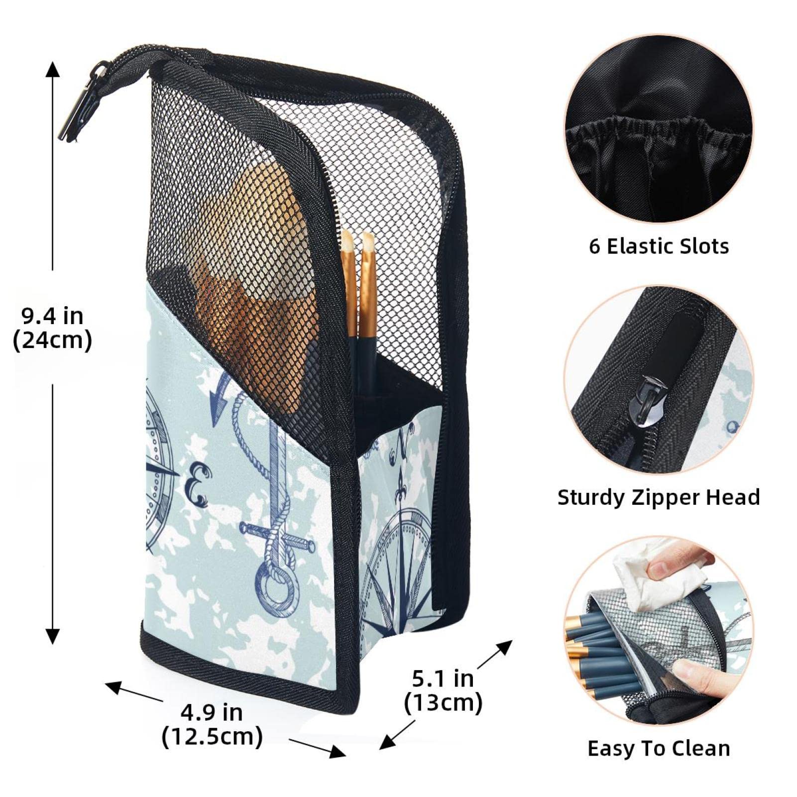 Premium Makeup Brush Organizer Bag with 12 Brushes - Nautical Anchor Compass World Map Design - Portable Travel Cosmetic Brush Holder Case for Professional Makeup Artists & Beauty Enthusiasts - Perfect for Travel, Home Vanity & Salon Use