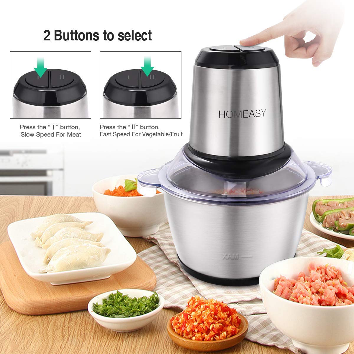 Electric Meat Grinder & Food Processor - 2L Stainless Steel Meat Blender, Vegetable Chopper & Nut Grinder with 4 Sharp Blades (350W, 8 Cups) - Perfect for Home Kitchen, Meal Prep, Baby Food & Smoothies
