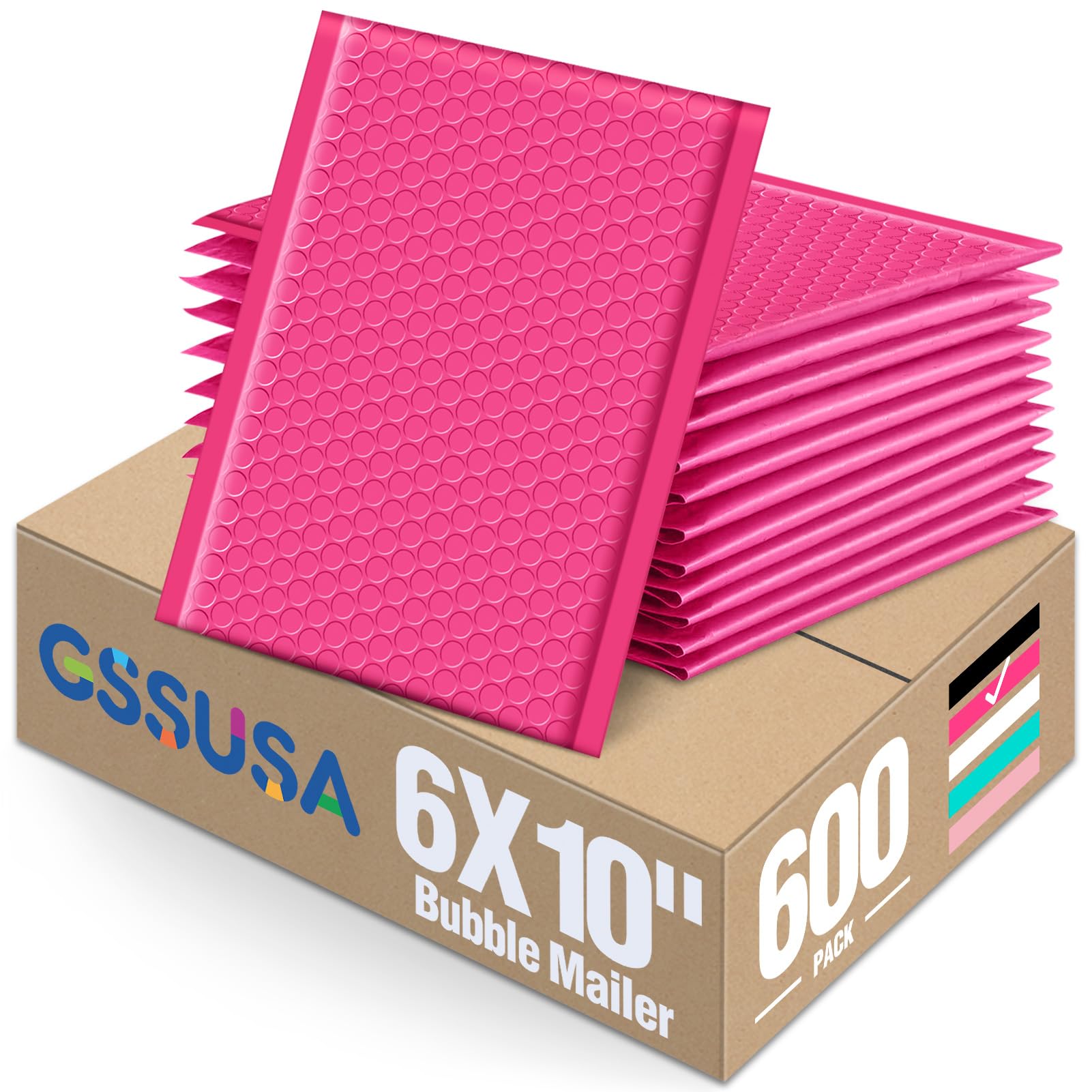GSSUSA 6x10 Inches Padded Poly Bubble Mailers - Self Seal Small Shipping Envelopes for Ecommerce, Mailing Bags Bulk Pack (600 Pack, Pink) - Perfect for Online Stores, Amazon FBA & Small Business Packaging