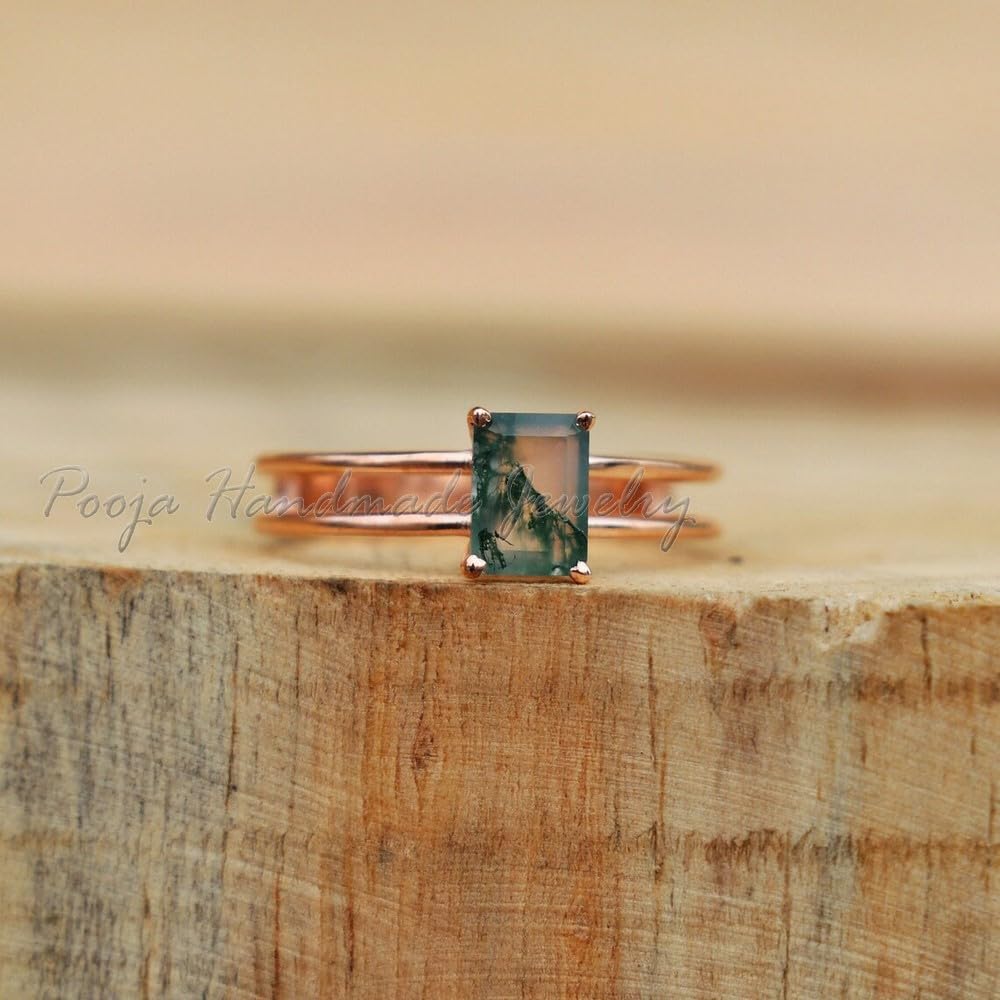 Moss Agate Ring for Women - 14K Rose Gold Vermeil & 925 Sterling Silver Dainty Bohemian Midi Stackable Band Ring - Perfect Birthday Gift for Her - Ideal for Everyday Wear, Stacking, and Bohemian Style Outfits