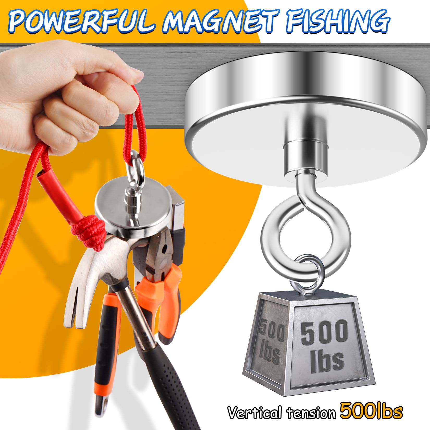 Super Strong Neodymium Fishing Magnet 500 lbs (227 KG) Pulling Force - Rare Earth Magnet with Countersunk Hole & Eyebolt for River Retrieval & Magnetic Fishing - 2.36 Inch (60 mm) - Perfect for Underwater Treasure Hunting, Metal Detecting & Outdoor Adventures