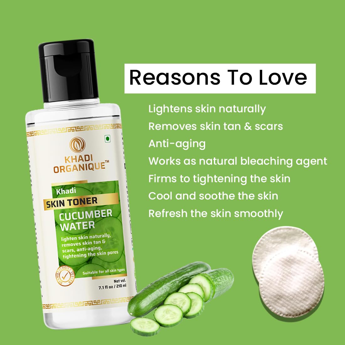 Khadi Organique Cucumber Water & Activated Charcoal Skin Toner - Removes Dead Skin Cells, Dirt & Pollutants | Refreshing Facial Toner for Oily & Acne-Prone Skin | Perfect for Daily Skincare Routine & Post-Cleansing Treatment