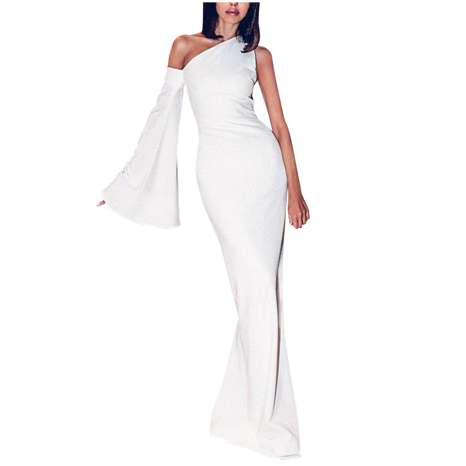 bmkBWO Women's Sexy One Shoulder Maxi Dress - Long Sleeve Mermaid Evening Gown for Party, Prom & Formal Events | Elegant Solid Color Floor Length Dress for Weddings, Cocktails & Special Occasions