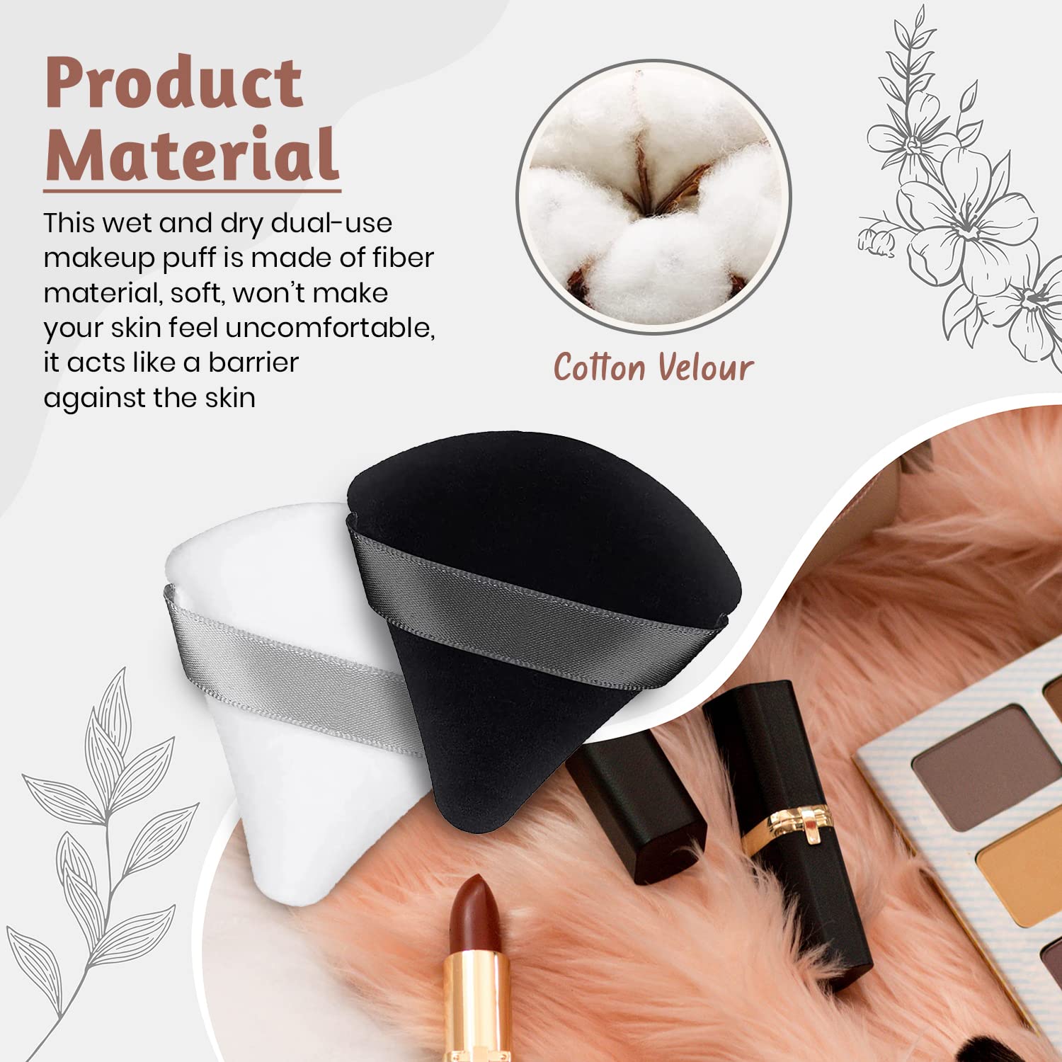 QLines® 4-Piece Triangle Powder Puffs - Soft Reusable Makeup Sponges with Silky Ribbon for Foundation, Pressed & Loose Powder - Ideal for Dry & Wet Makeup Application - Perfect for Travel, Professional Makeup Kits & Everyday Beauty Routine