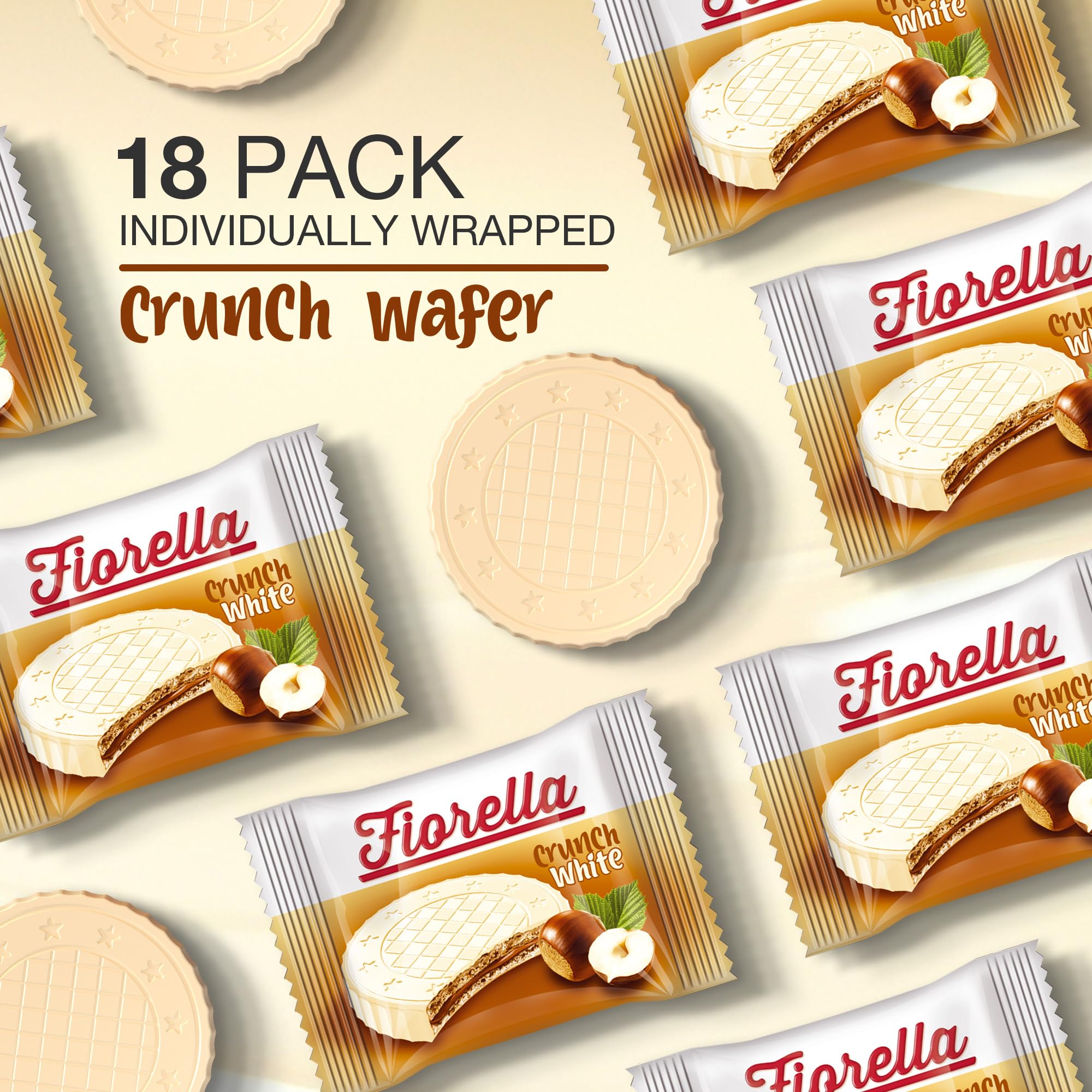 Fiorella White Chocolate Hazelnut Wafer Cookies - 18 Individually Wrapped Snacks for Office & Travel