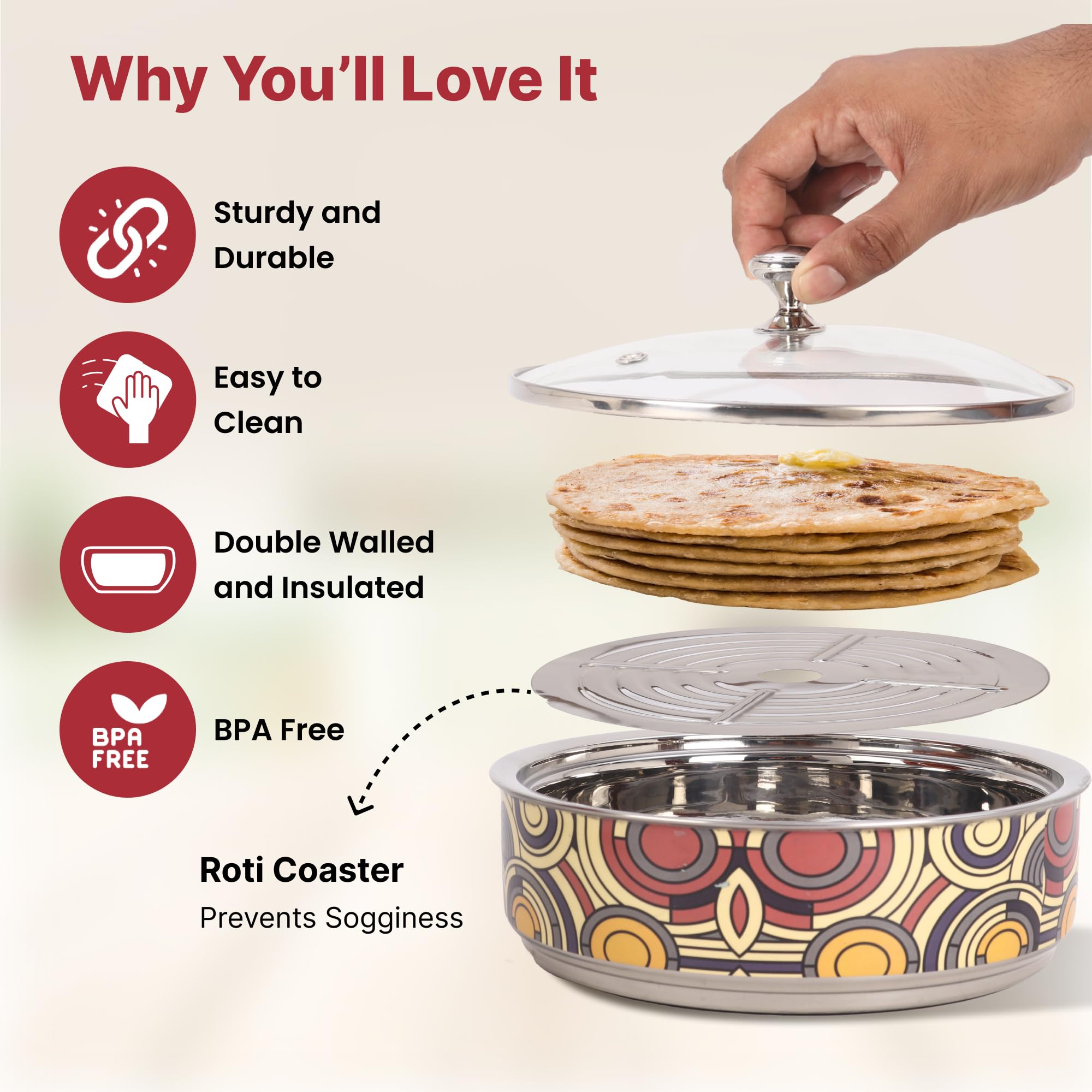 USHA SHRIRAM 1500ml Insulated Stainless Steel Roti Casserole - Hot Chapati Storage Box for Kitchen, Curry Serving Bowl Set - Perfect for Meal Prep, Picnics & Indian Food Presentation (Print 3)