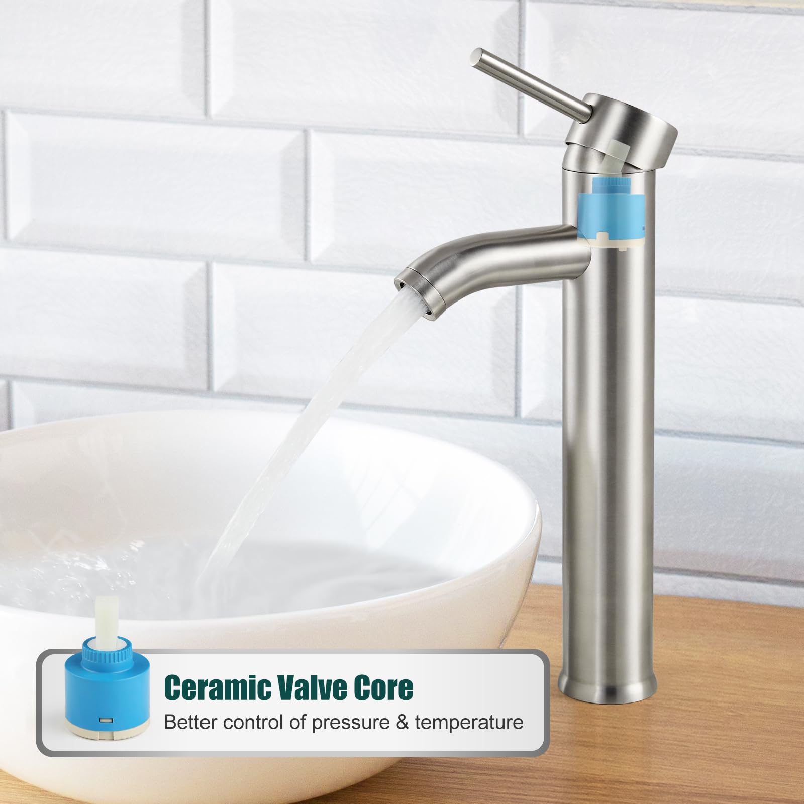 Brushed Nickel Tall Bathroom Faucet - SUS304 Stainless Steel Vessel Sink Deck Mount Single Handle Mixer Tap with Pop Up Drain - Perfect for Modern Bathrooms, Powder Rooms & Luxury Vanities