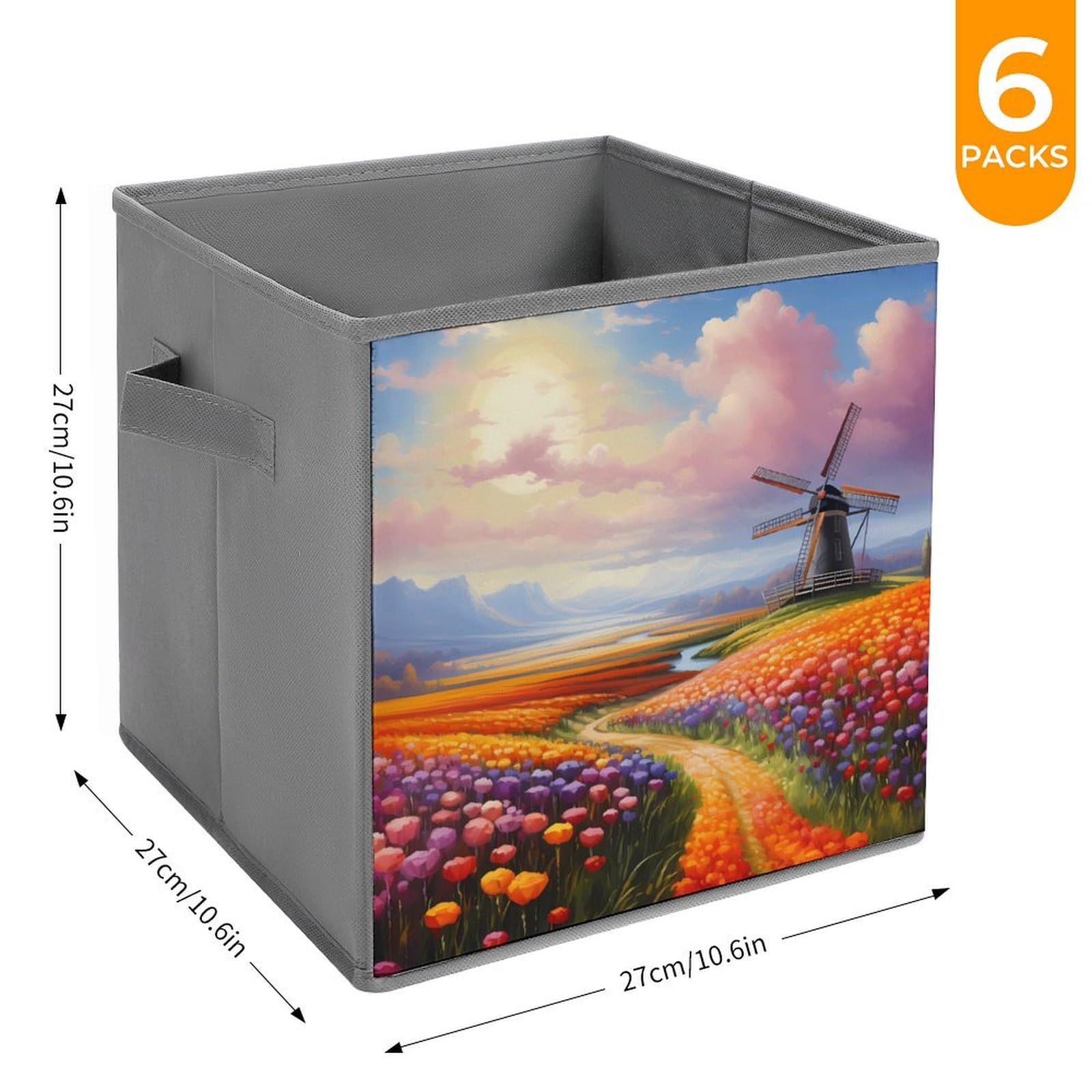 Dutch Windmills Tulips Foldable Storage Cubes - 6 Pack Collapsible Fabric Bins with Handles for Home, Office, Nursery & Closet Organization - Stylish Square Storage Baskets for Toys, Books & Laundry