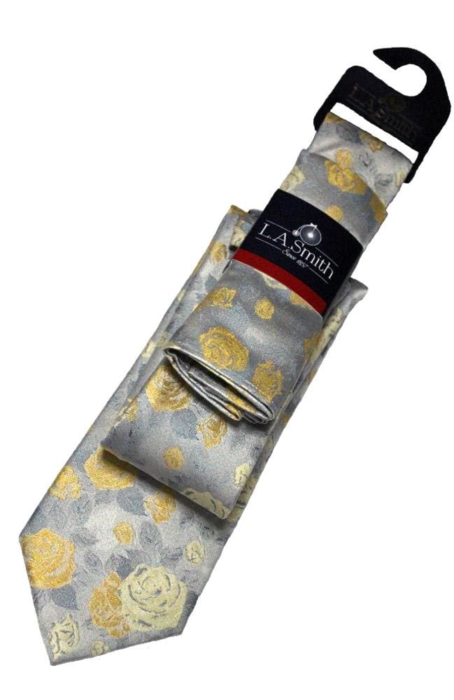 L.A. Smith Yellow Floral Silk Tie and Pocket Square Set - Elegant Formal Accessories for Weddings, Business Meetings & Special Occasions