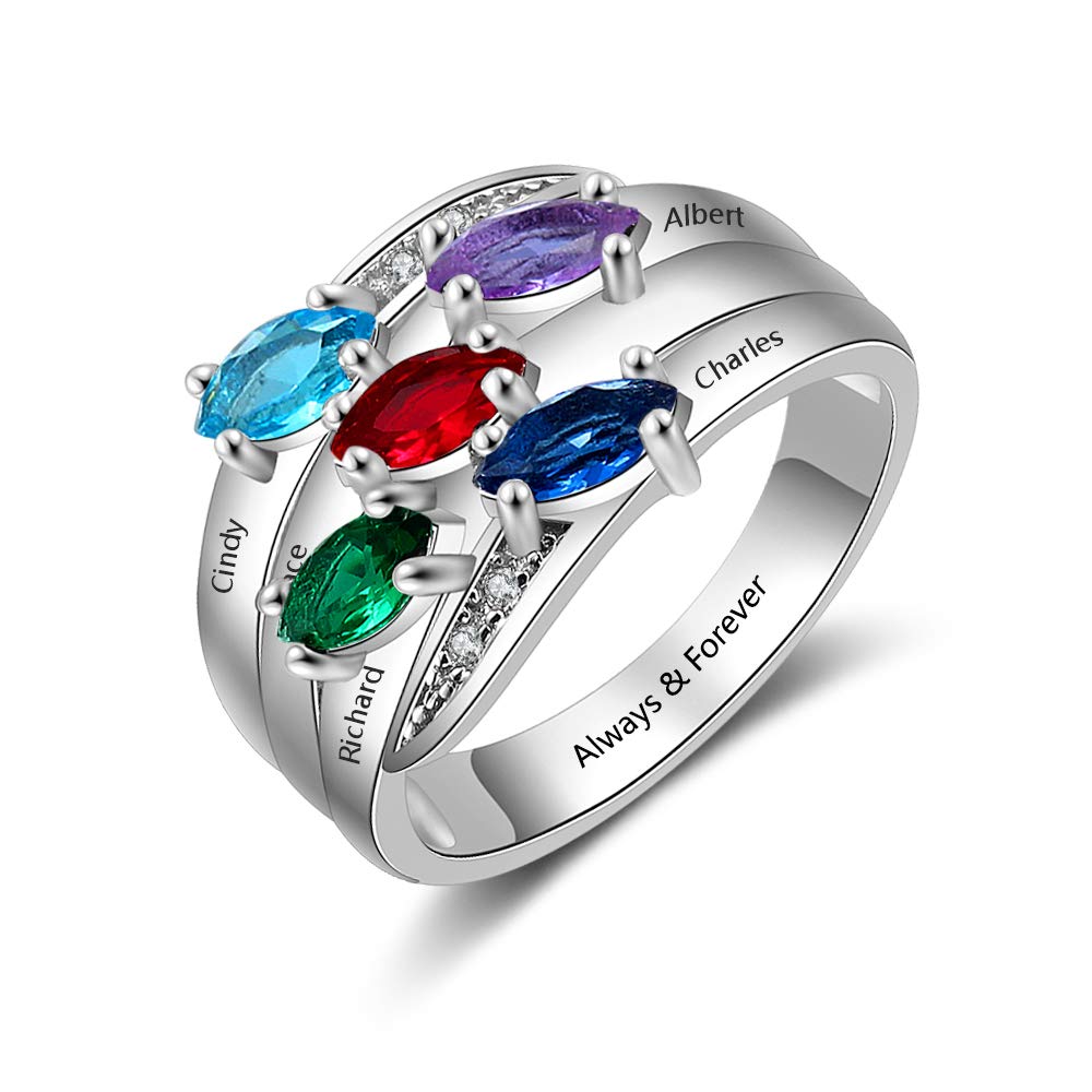 925 Sterling Silver Mother Daughter Rings - Personalized Name & 5 Birthstones Promise Rings for Women | Anniversary, Birthday, Valentine's Day Gift for Mom, Wife, Grandma | Engraved Family Jewelry for Special Occasions