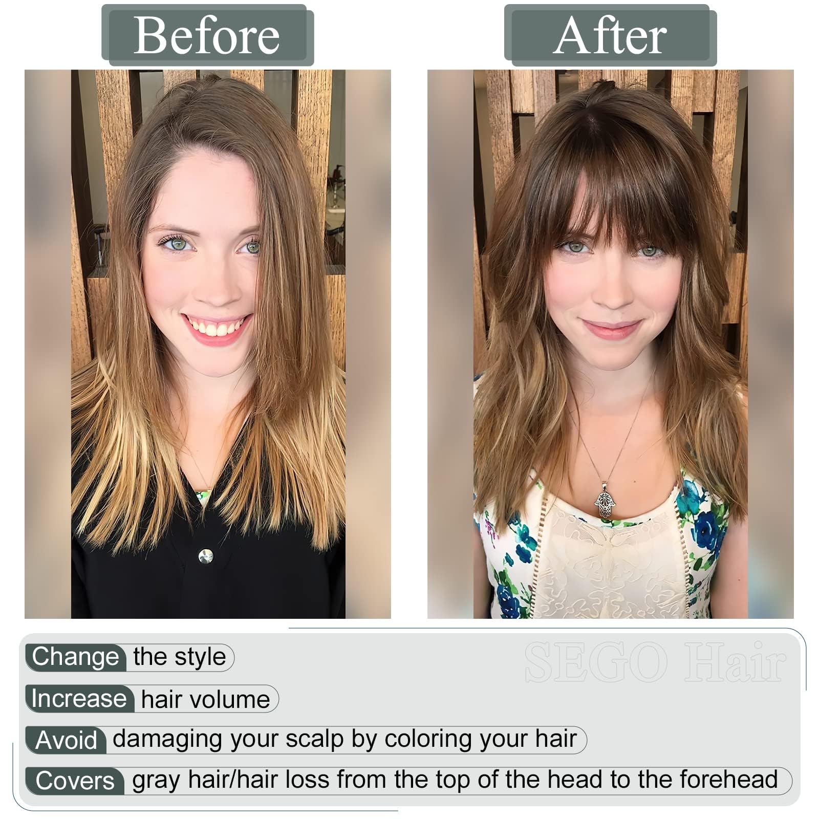 SEGO Clip-In Human Hair Toppers for Women - 18 Inch Straight with Bangs, 150% Density Silk Base, #2 Dark Brown | Thinning Hair Solution for Daily Wear & Special Occasions