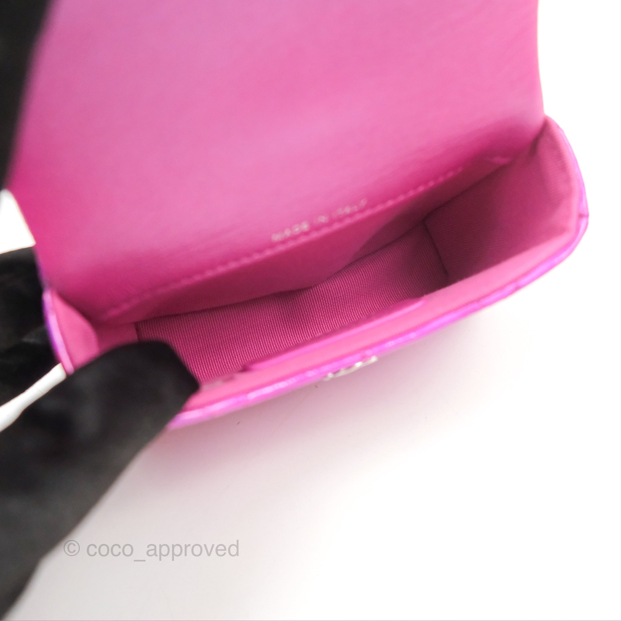 Chanel Fuchsia Iridescent Mirror Goatskin Card Holder with Hook - Luxury Wallet for Women, Perfect for Everyday Use & Travel Accessories